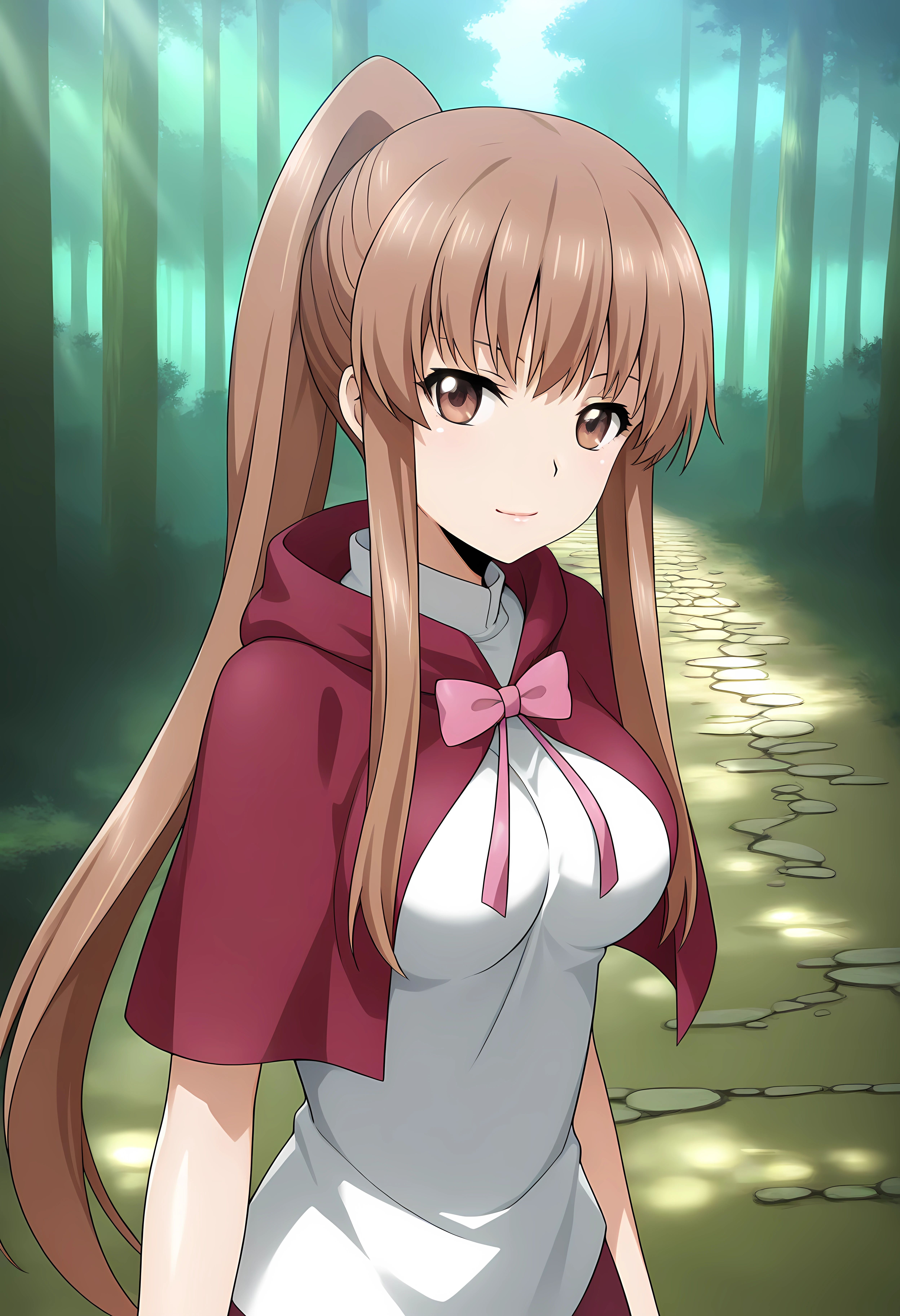 looking at viewer, closed mouth, shiny skin, light smile, petite,ohwx, long_hair, brown_hair, brown_eyes, ponytail, 1girl, sidelocks, breasts, large_breasts, medium_breasts, very_long_hair,capelet, bow, Moss-covered stone path in a Japanese forest, soft sunlight filtering through dense trees, peaceful scene,<lora:kazane_aoba_illustrious_sobsynapse-000003:1>