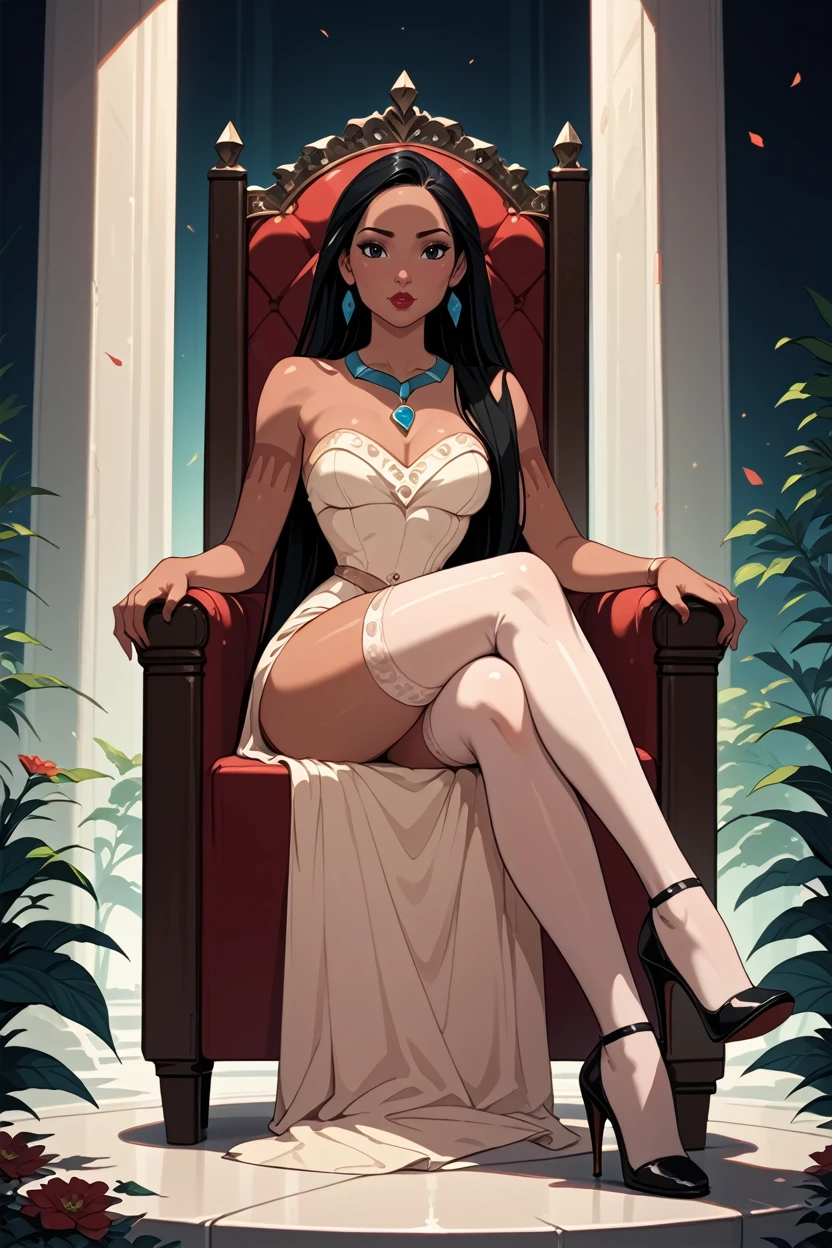 score_9, score_8_up, score_7_up, score_6_up
<lora:DisneyPocahontas:0.8>
DisneyPocahontas, 1girl, black hair, black eyes, long hair, dark skin, looking at viewer, sitting on a throne, legs crossed, thigh highs, high heels, dress, jewelry