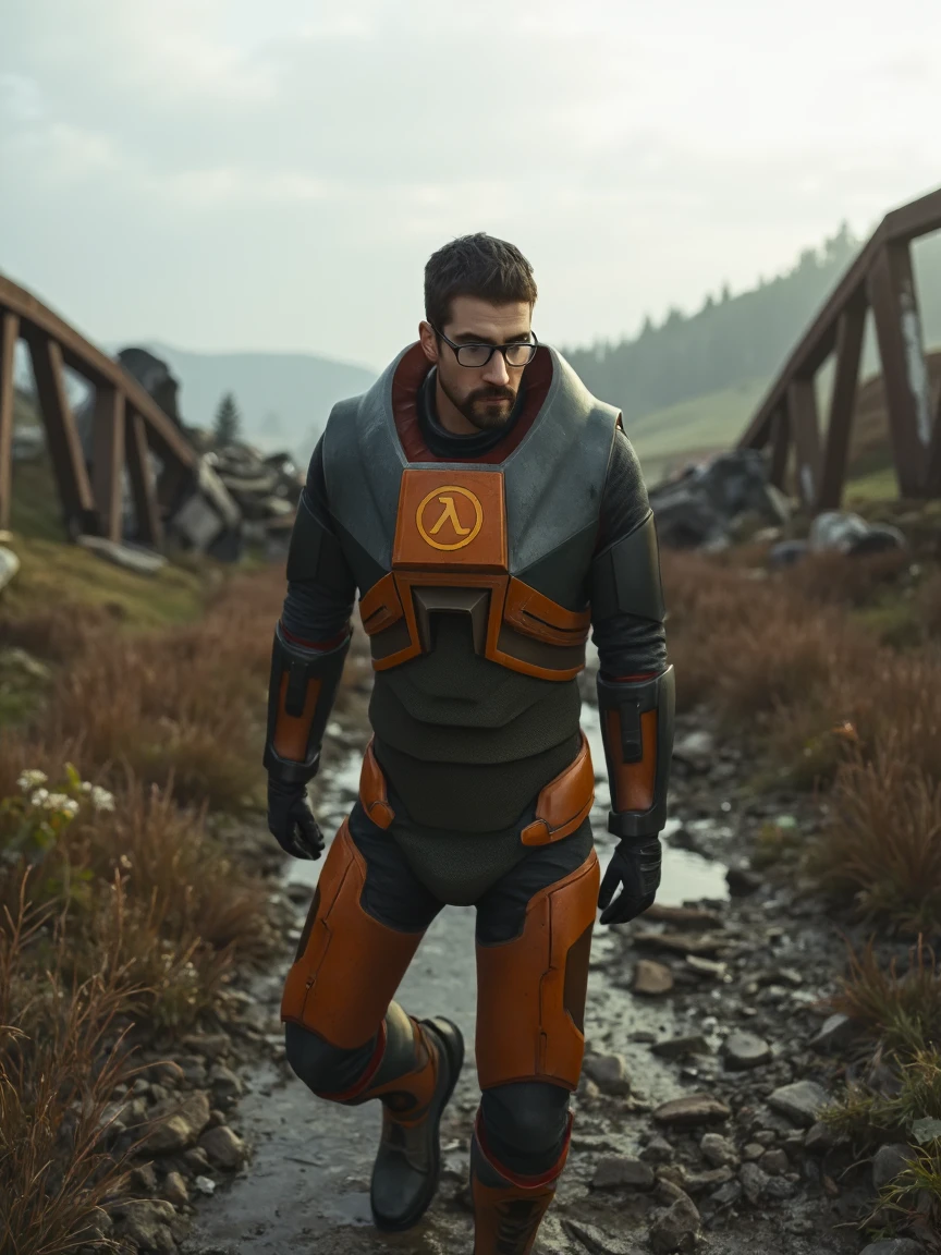 gordon freeman in hev suit and glasses, walking away from a crashed railroad bridge. He's looking around searching for help.
Background: eastern european countryside, crashed railroad bridge, under an overcast sky. Side dawn lighting.