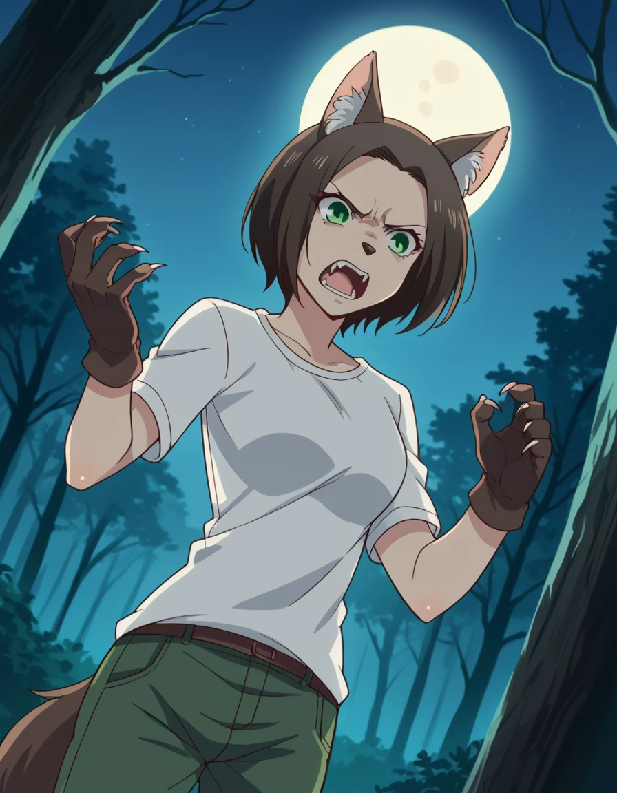 score_9, score_8_up, score_7_up, source_anime, <lora:ume-aihara-s1-ponyxl-lora-nochekaiser:1>, ume aihara, short hair, brown hair, green eyes, forehead, medium breasts,, <lora:werewolf-ponyxl-lora-nochekaiser:1>, werewolf, furry, fangs, animal ears, gloves, angry, teeth, animal ear fluff,, forest, night, moon, open mouth, , dutch angle, cowboy shot