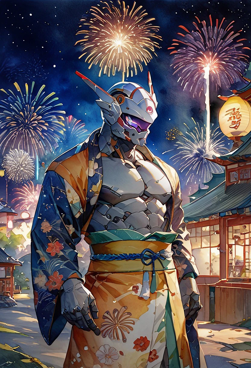 sollyz, by sollyz,score_9, score_8_up, score_7_up,solo,male focus,sp_mecha,topless,mecha,(helmet:0.8),bara,kimono，fireworks,fair,night,game cg,wallpaper,watercolor \(medium\), traditional media