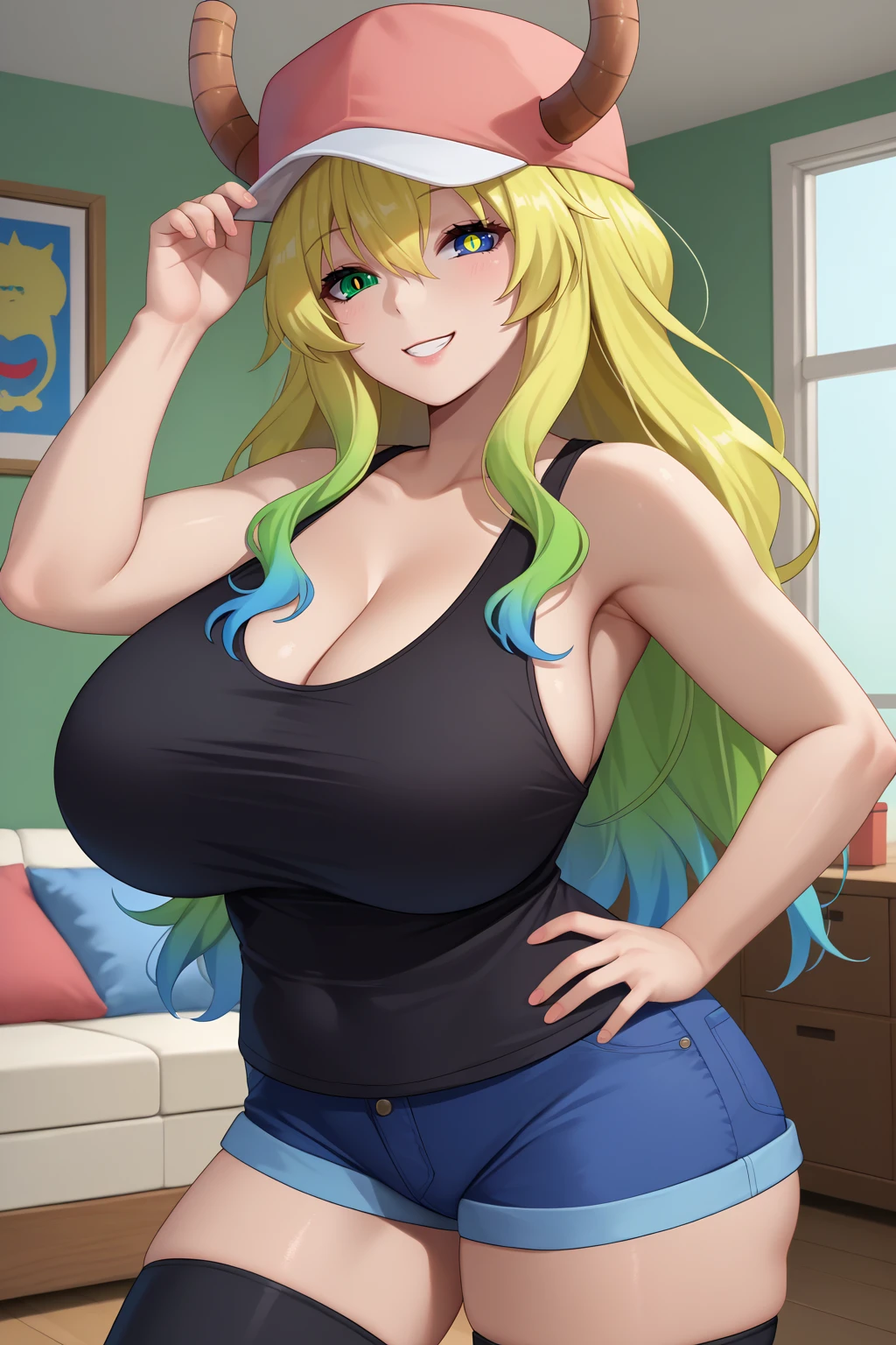 score_9, score_7_up, source_anime, cowboy shot, looking at viewer, smile, mlc, dragon horns, huge breasts, heterochromia, green eyes, blue eyes, slit pupils, multicolored hair, blonde hair, green hair, blue hair, hair between eyes, baseball cap, horns through headwear, black tank top, denim shorts, black thighhighs, indoors, apartment, living room, <lora:Hoseki_Maidragon_Lucoa_PDXL_v1:1>