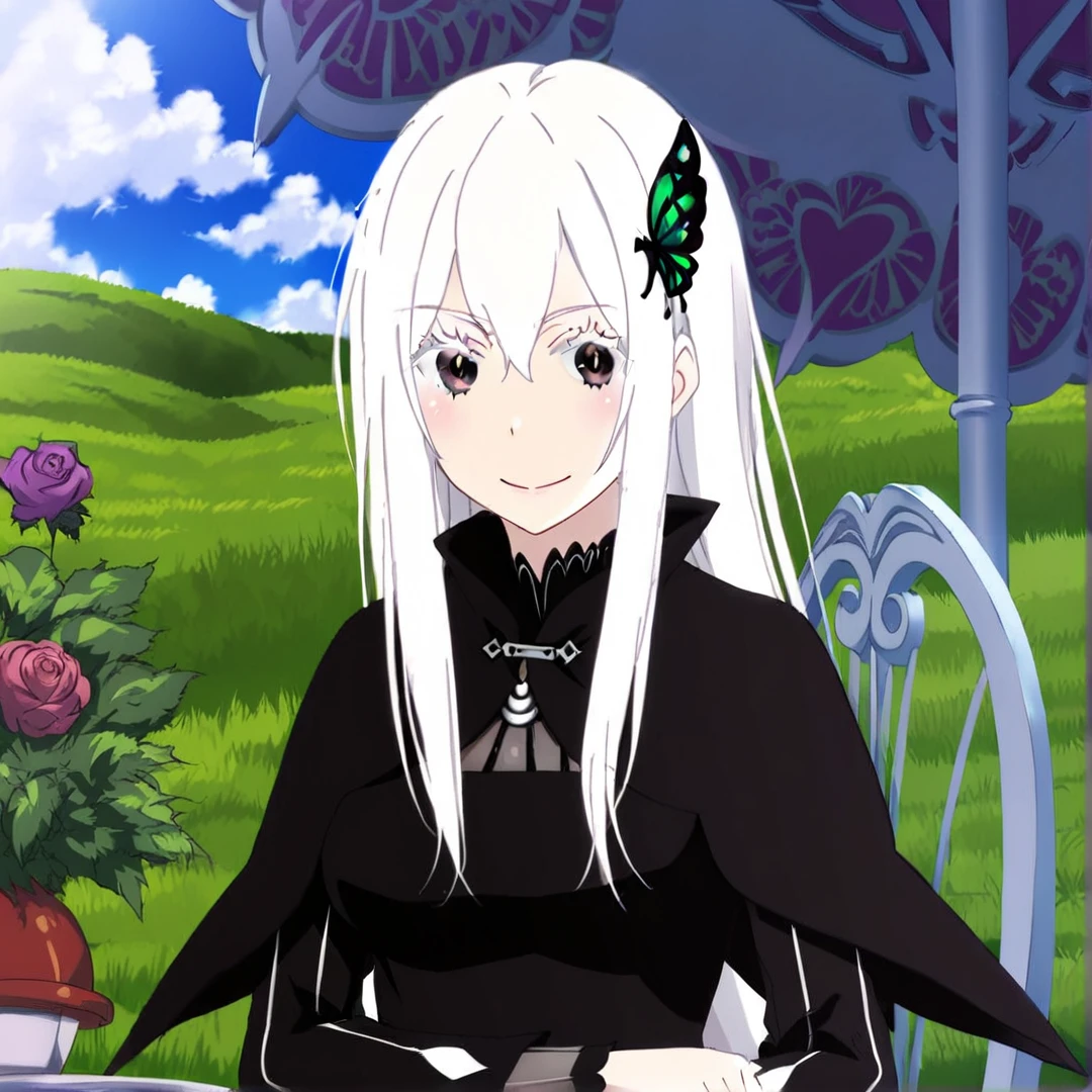 <lora:Echidna:1>, echidna, barely-exposed skin, was porcelain-like and pure white, her black eyes, shone with intellect, her long straight white hair, reached down to her back, and it also had a jade green butterfly hairpin, her slender body, appeared as though it was in its mid-twenties, her figure was usually wrapped in black clothing, in a village, in a forest