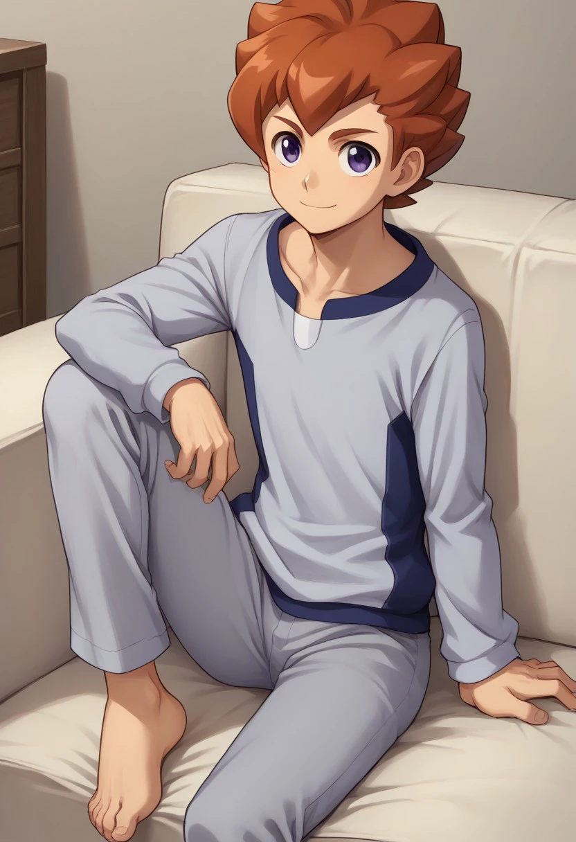 score_9, score_8_up, score_7_up, source_anime, highly detailed, 
arata, 1boy, male focus, solo, brown hair, purple eyes, pajama, shirt, grey shirt, long sleeves, pants, grey pants, barefoot
indoor, couch, smile,