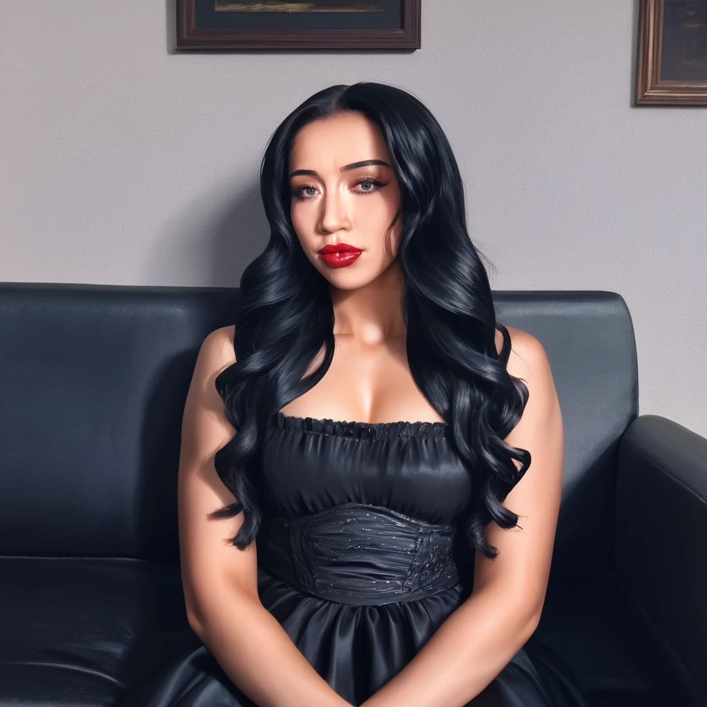 top quality, best quality, High-quality illustrations, masterpiece, super high resolution, detailed background, female, 27 years old woman, postrait, closeup, beautiful fat female, curvy forms, plus size model, intriguing smile, goth makeup, goth clothes, long black dress, closed dress, black lips, long black hair, effortless allure, record studio background, clossed dress, black lipstick