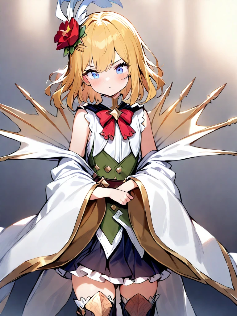 ,eleanor\(shadowverse\),1girl,hair ornament,blue eyes,solo,blonde hair,flower,hair flower,skirt,shirt,red bow,wide sleeves,sleeveless,thighhighs, red flower, bangs, white shirt, <lora:shadowverse-000004:1>, masterpiece, best quality, very aesthetic, absurdres