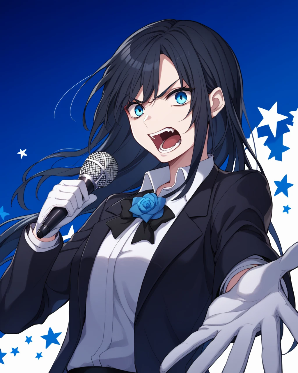 1girl, solo, Dutch angle, <lora:Ad0CharaPDXL_v1:0.8>Ad0CharaPDXL, 1girl, solo, shirt, flower, long hair, singing, shouting, holding microphone, gloves, white gloves, black jackets, white shirt, blue flower, black hair, open mouth, looking at viewer, detail background, angry, blue background, dark background, blue gallary,, score_9, score_8_up, score_7_up,