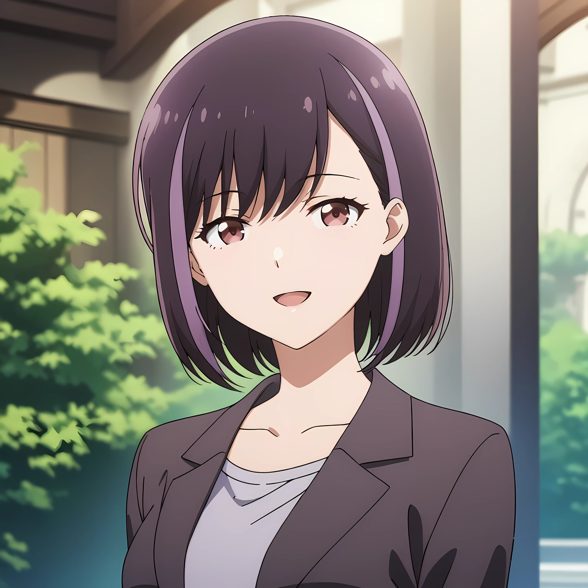 honjouji_rika, black hair, streaked hair, purple hair, brown eyes, short hair, bangs, smile, upper body view, medium breast, looking viewer, open mouth, <lora:XL-HonjoujiRika:1>, (masterpiece),(best quality),(ultra-detailed),(best illustration),(best shadow),(absurdres),(detailed background),(very aesthetic),