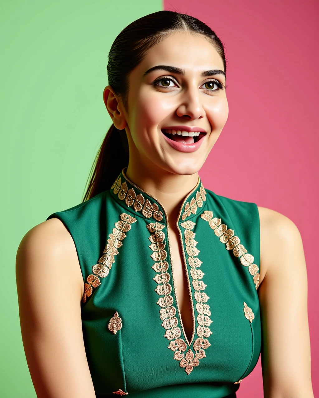 full body photo of Vaani Kapoor woman,candid photo with natural colors, shouting expression on face,studio quality, wearing intricate high neck elegant Emerald sleeveless Patiala Suit, high ponytail, pastel shaded multicolored background, cinematic lighting<lora:TestBed\Vaani_Kapoor_Flux_Kohya_V1-000005.safetensors:1.0:1.0>