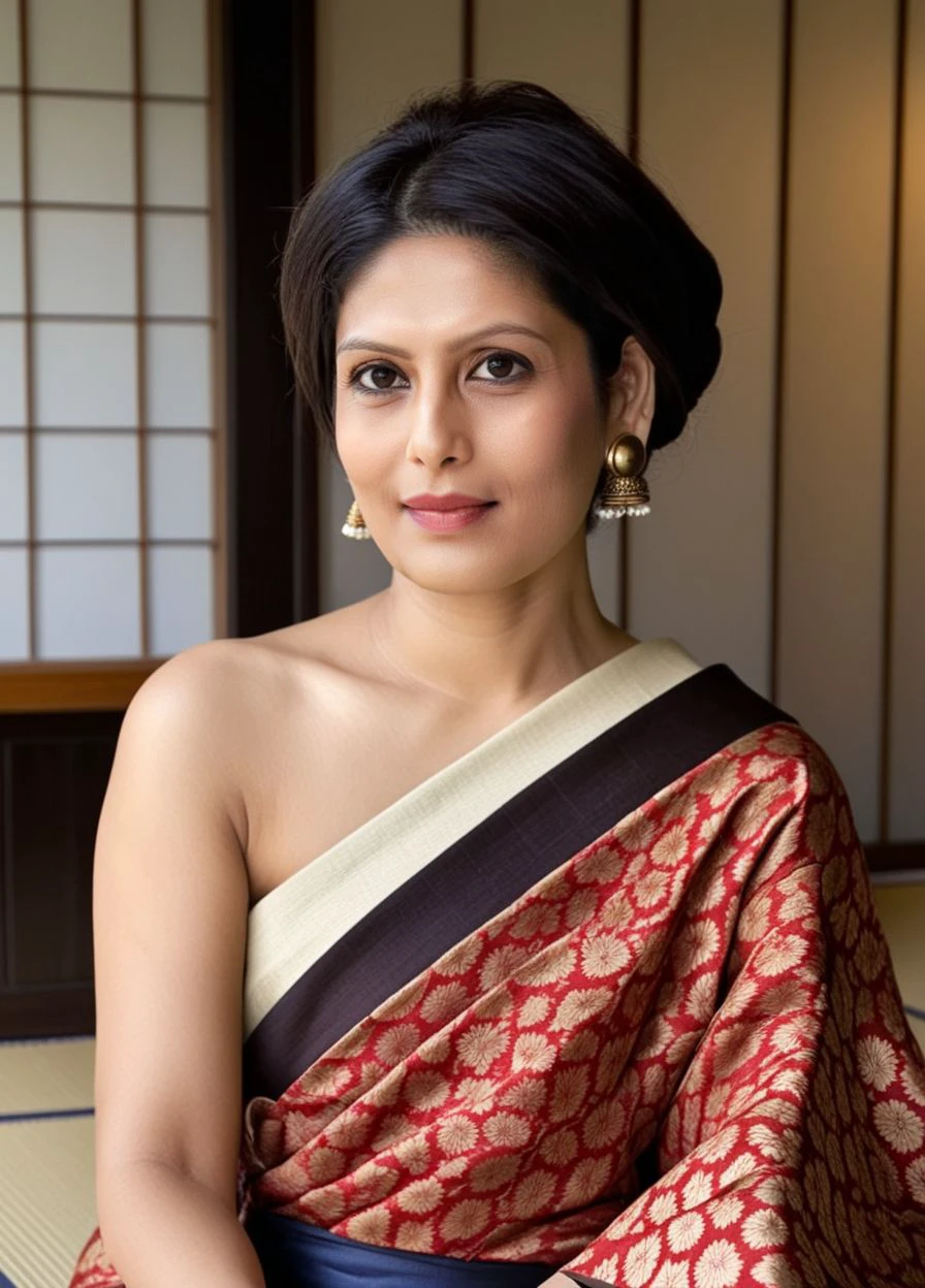 <lora:Palki_Sharma:1>Palki Sharma,
colored chignon hair ,
Seated on a tatami mat with one shoulder bare, holding the edge of her kimono near her collarbone, looking softly into the camera with a gentle smile, short bob hairstyle framing her face.
(Mouth opened)
long earrings