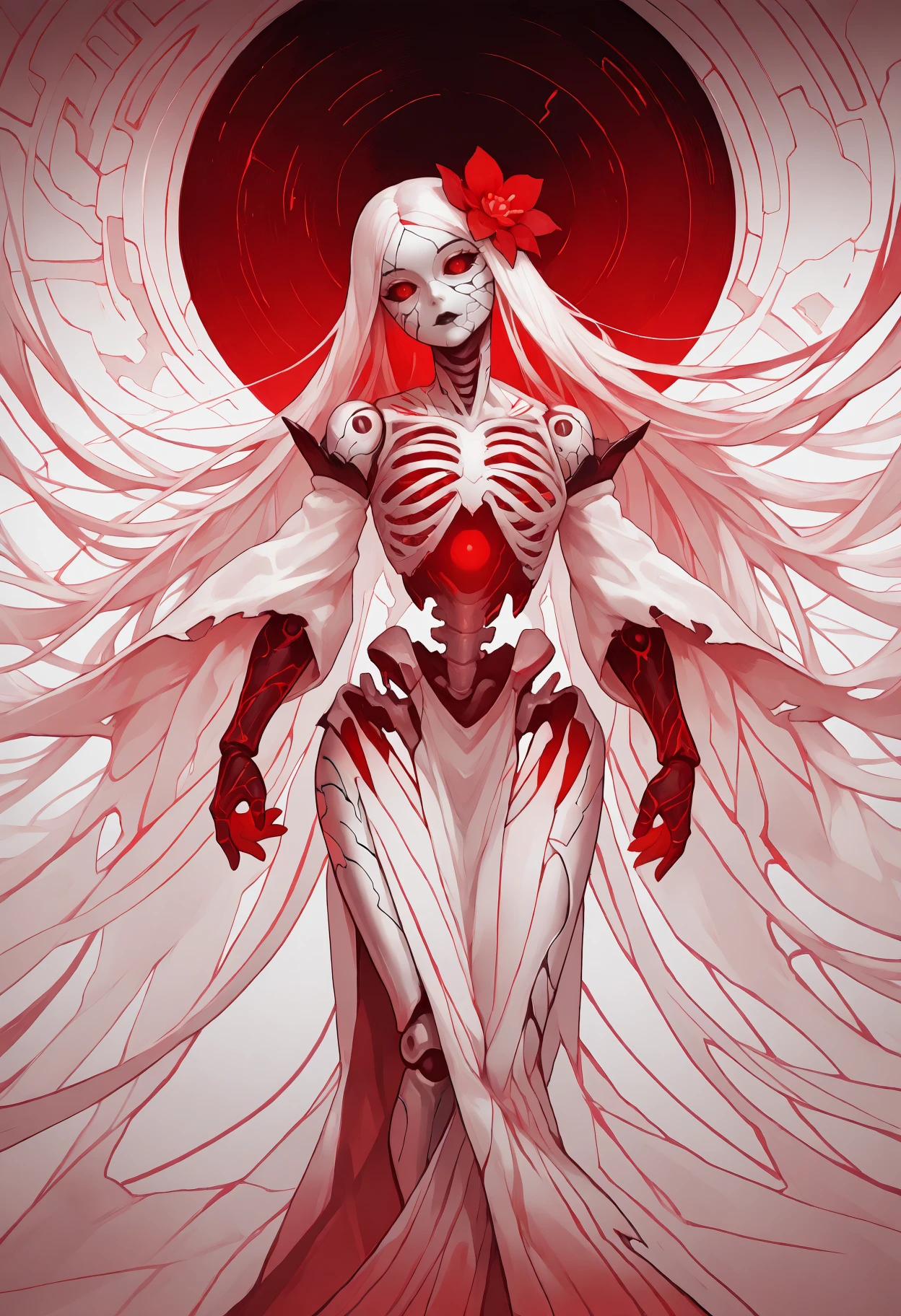 masterpiece, best quality, 1girl, anime,
abstract, broken, doll joints, metal skin, dark, abstract background, gradient background, skeleton, glowing lines, torn clothes, pelvic curtain, white clothes, hair flower, black sclera, black lipstick, head tilt, very long hair, detached sleeves, red eyes, red theme, white theme,