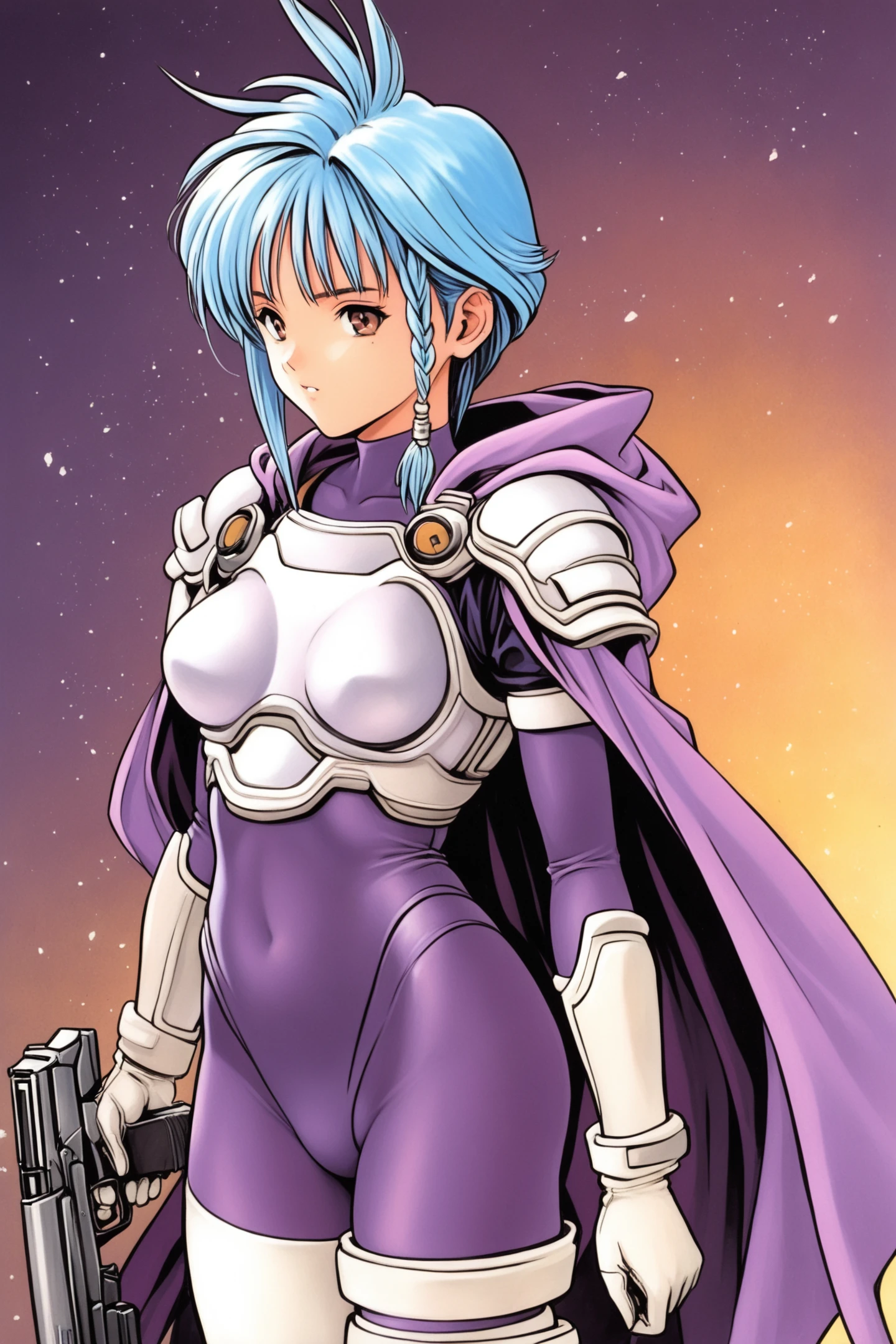 Karin Aoi,1girl,solo,weapon,gun,brown eyes,side braid,handgun,short hair,blue hair,white hair,Purple_bodysuit_White_Pauldrons_White_breastplate_Asymmetrical_legwear_White_thighhighs_hood_down_Purple_Cape,upper body,traditional media,
<lora:Katsura Masakazu_illustriousXL:0.8>,