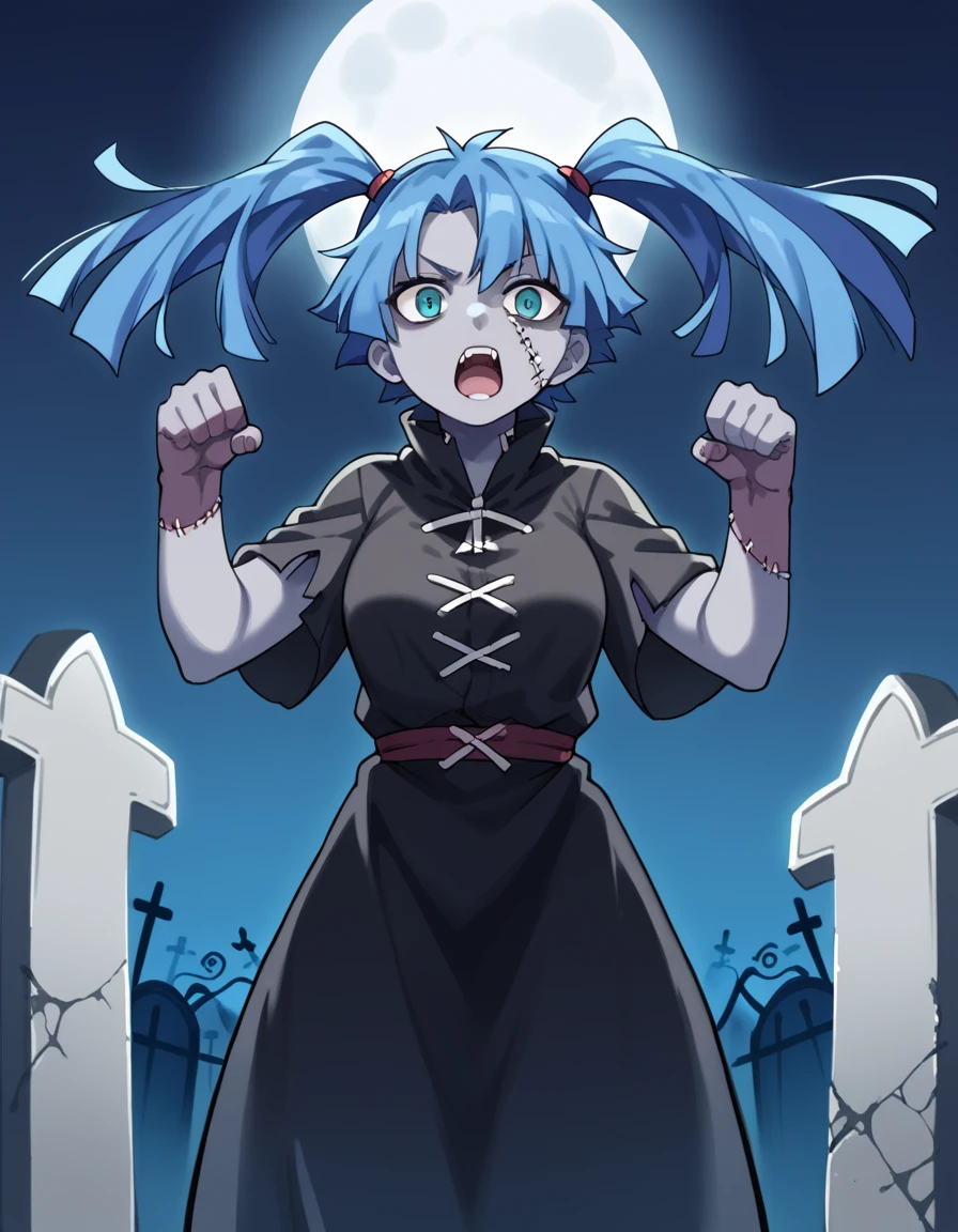 score_9, score_8_up, score_7_up, source_anime, <lora:takane-enomoto-s1-ponyxl-lora-nochekaiser:1>, takane enomoto, blue eyes, twintails, blue hair, medium breasts,, <lora:zombie-ponyxl-lora-nochekaiser:1>, zombie, colored skin, stitches, grey skin, multicolored skin, stitched face, zombie pose, halloween, halloween costume,, night, moon, graveyard, tombstone, grave, open mouth, , dutch angle, cowboy shot