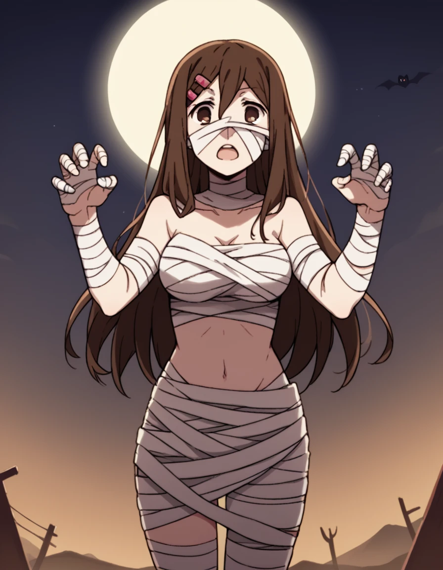 score_9, score_8_up, score_7_up, source_anime, <lora:ayano-tateyama-s1-ponyxl-lora-nochekaiser:1>, ayano tateyama, long hair, brown hair, hair ornament, hairclip, brown eyes, medium breasts,, <lora:mummy-costume-ponyxl-lora-nochekaiser:1>, mummy costume, bandages, halloween costume, bandaged arm, zombie pose, bandage on face,, desert, moon, night, open mouth, , dutch angle, cowboy shot