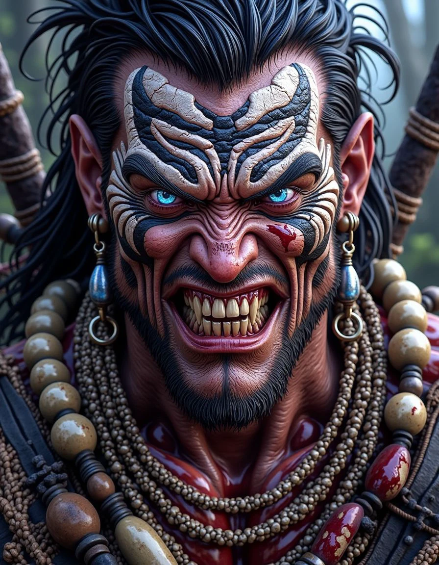 "A hyper-realistic and detailed depiction of a traditional Japanese Oni, with sharp claws, wild hair, and multiple horns on its head."