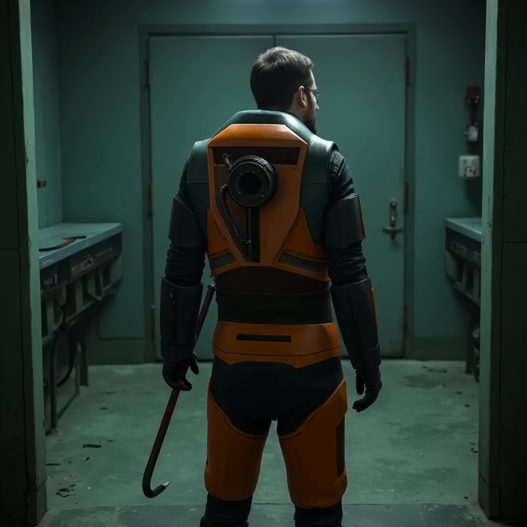 back view of a man in hev suit holding crowbar. The man is facing away and looking around him. Half body.
Background: soviet era dystopian laboratory.
Artificial cyan diffused lighting. Documentary shot.