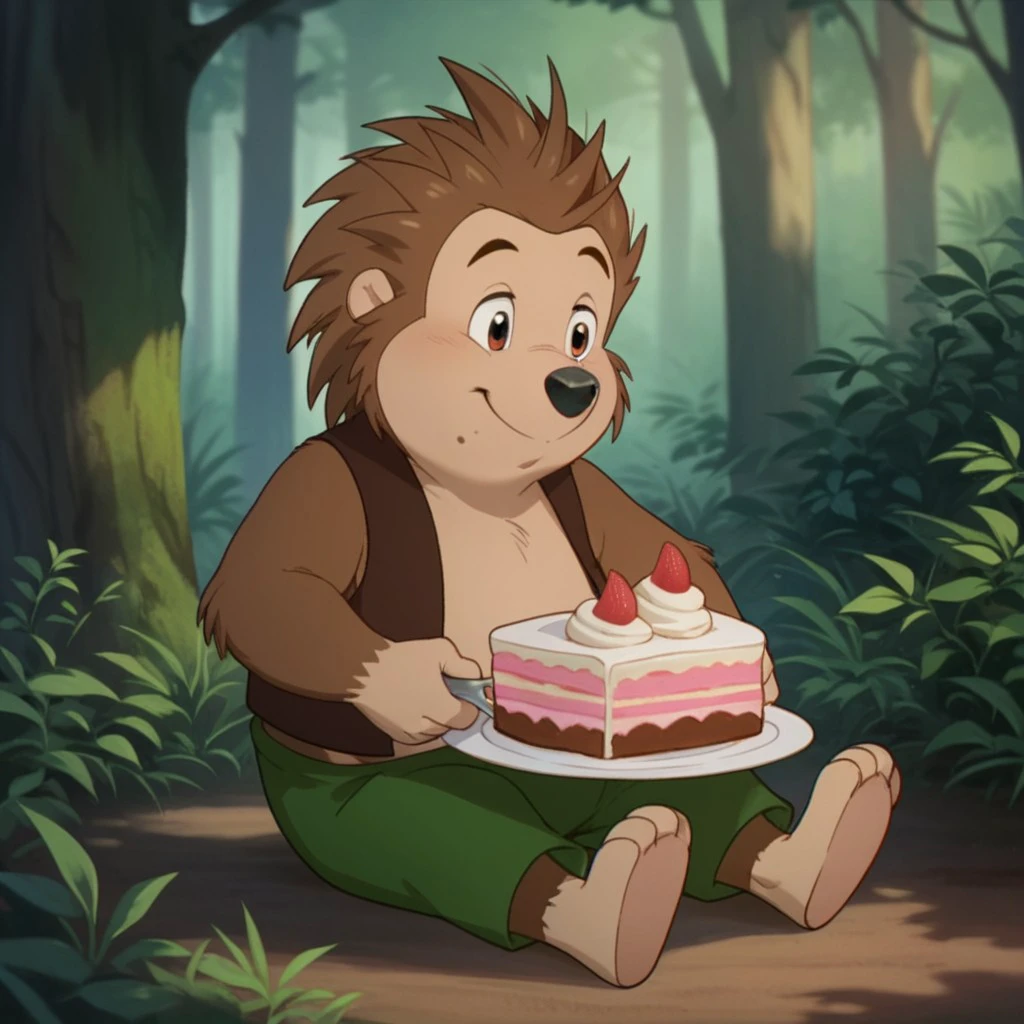 score_9, score_8_up, score_7_up, score_6_up, score_5_up, score_4_up, source_furry,Russellouaf, young anthro, male, hedgehog, brown fur, green pants, brown vest,  1boy, solo, forest, sitting, eating cake, <lora:14ff72e6-19d0-4965-b63c-2eedb2adc070:0.7>