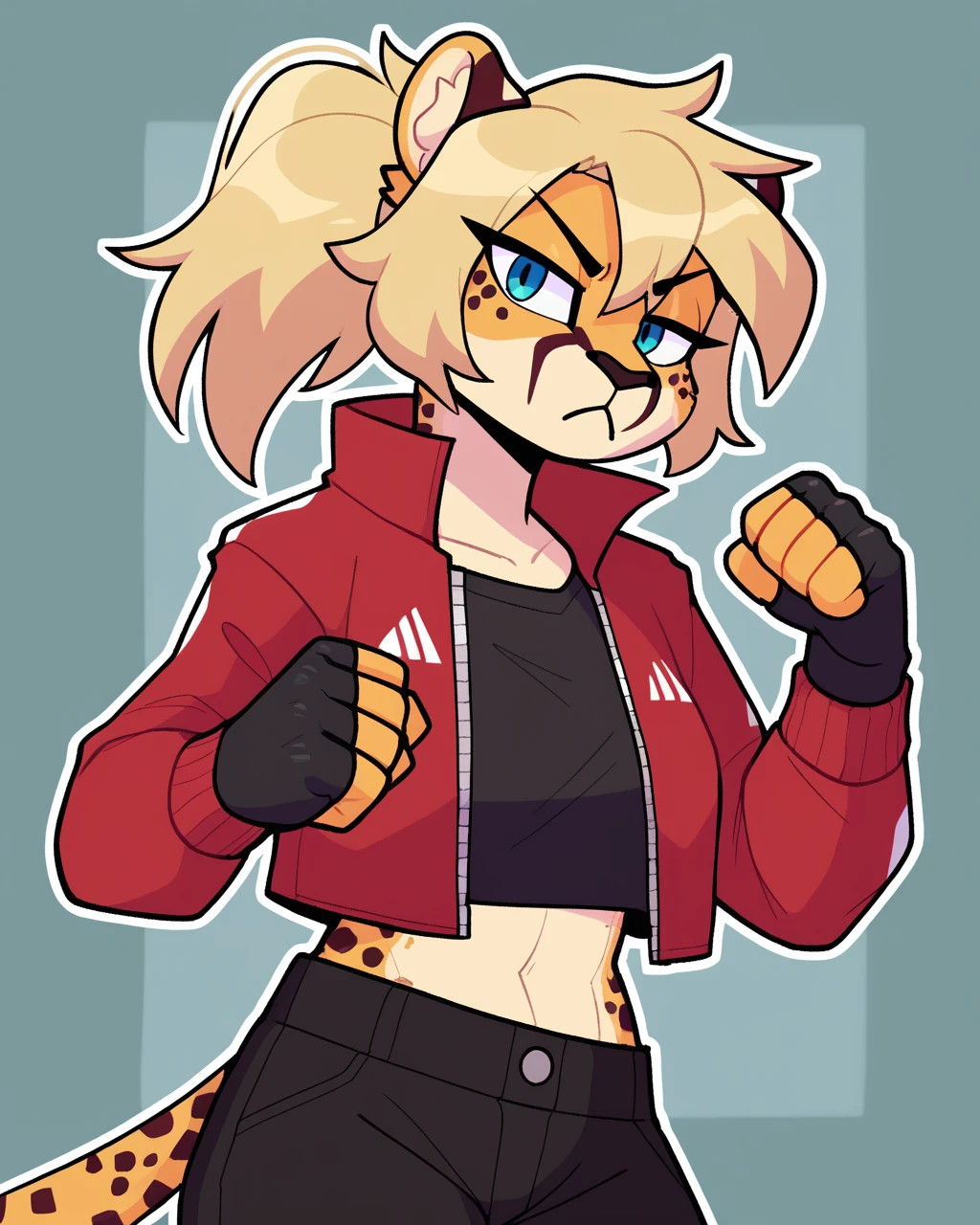 score_9_up, score_8_up, score_7_up, score_6_up, by remanedur, half-length portrait, cheetah, blonde hair, furry female, female, furry, looking at viewer, solo, fighting pose, three-quarter view, head tilt, tail, red jacket, black shorts, crop top, long hair, ponytail, fingerless gloves, open jacket, fist, simple background, white outline,<lora:Leah_Pines(AIM)_XL_v1:0.25> <lora:PDXL_artist_tags_v2_big:0.5> <lora:The-Minuscule-Task_PDXL_v1.0:0.6> <lora:Reina_LiterallyTheFox:0.5>