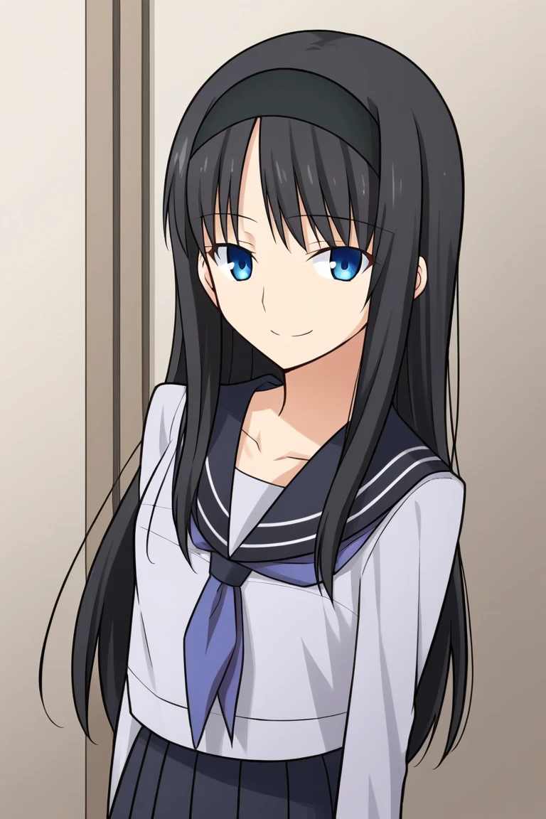 Akiha_Tohno,1girl,solo, long hair, black hair, blue eyes,hairband,black hairband,school uniform,long sleeves,serafuku,sailor collar, neckerchief,skirt,smile,looking at viewer