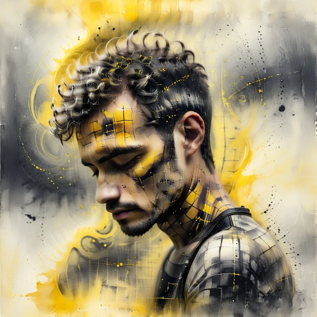 male nature print, savannah, salt-and-pepper hair, spray ink, leather, expressionism style, Distant Horizon, shades of yellow, spiral pattern, tilt shift effect, ink wash accents, grid-based, grainy texture, soft-touch finish  <lora:artfully_SPIRITUALFADE:0.9>,