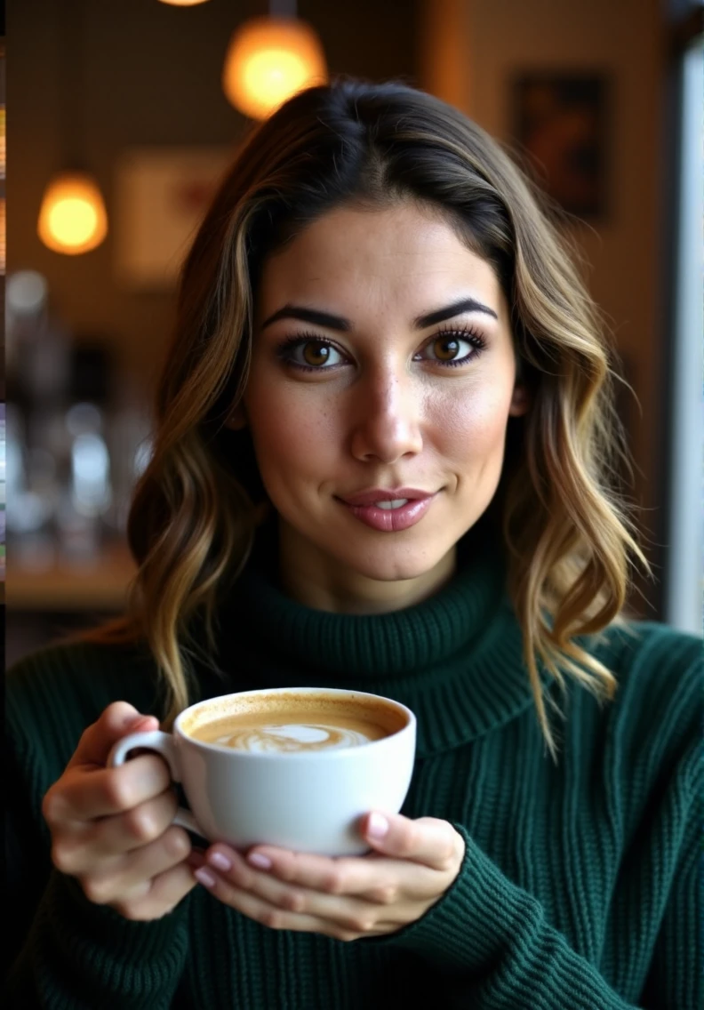 A professional photograph of a young woman, Leilani_Dowding, wearing a dark green cable-knit sweater, holding an oatmilk latte in a cafe, detailed skin, she has a mole above her right eye, bokeh, SFW <lora:Leilani_Dowding:1>