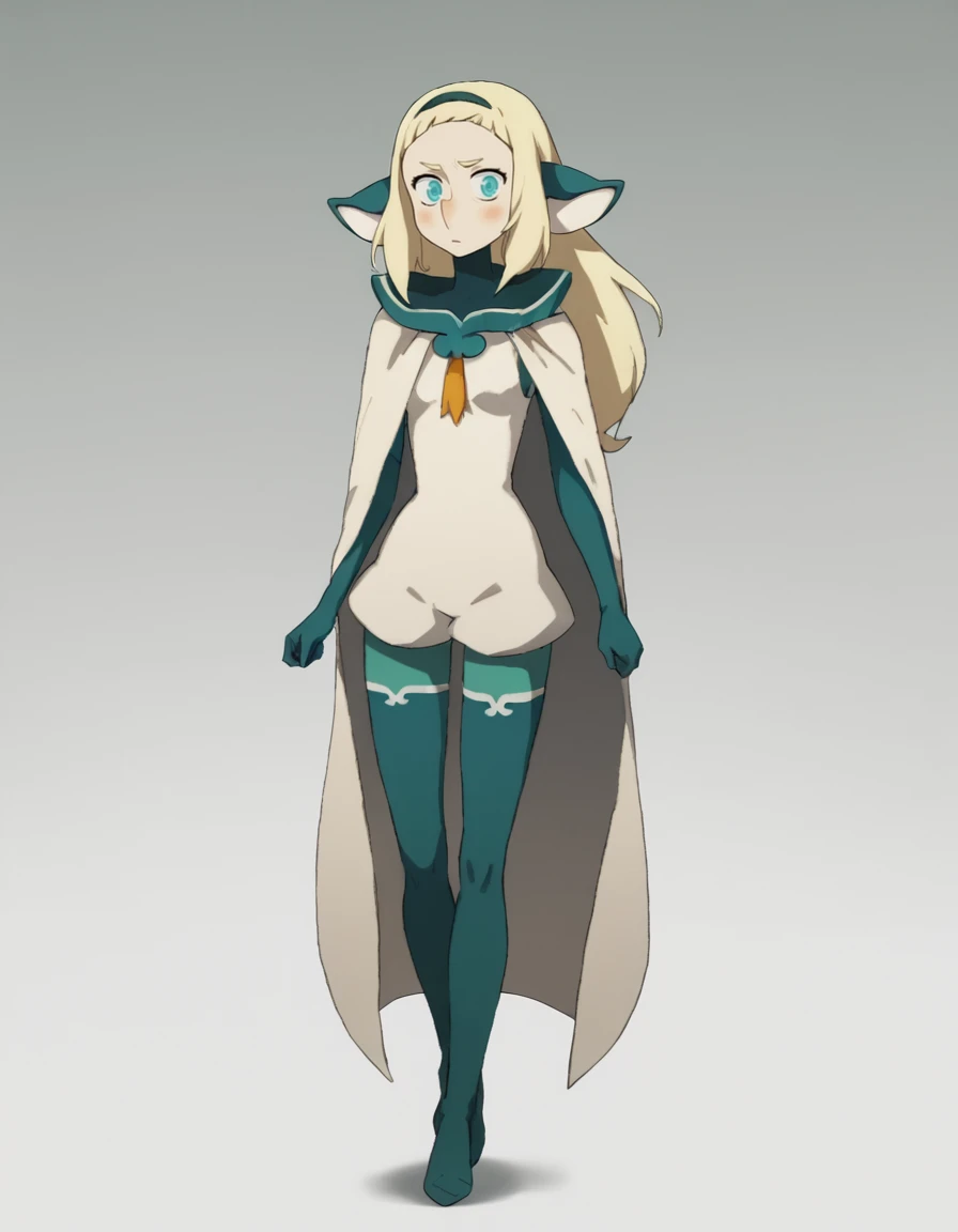 <lora:BakaraJurgenPony:1> Bakara, 1girl, solo, cape, white hair, long hair, aqua eyes, blush, gloves, hairband, bodysuit, boots, full body, looking at viewer, elbow gloves, standingscore_9, score_8_up, score_7_up, score_6_up, score_5_up, score_4_up,