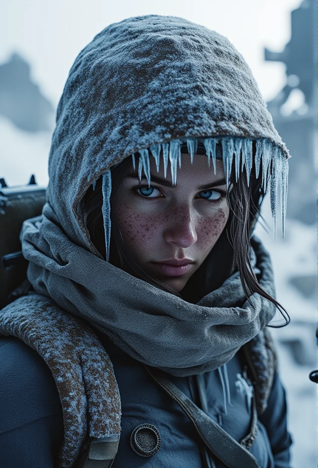 full-body shot of a battle-worn explorer in snow-covered survival gear, with icy textures on every surface. Snowflakes cling to their frozen eyelashes and eyebrows, and frost crystals form patterns on their clothing.  In the background, the outlines of abandoned machinery half-buried in snow. The entire scene is filled with long shadows cast by the faint light reflecting off the snow.  Lighting is cold and harsh, casting sharp shadows on every surface.   The shot type is A dramatic close-up shot that captures every frozen detail on the character's face and gear.   Scene details include sharp icicles hanging from nearby structures or rocks.   Texture and Detail are softened slightly by the snowfall, creating a surreal, frozen stillness.   Mood is intense and somber, capturing the struggle against the relentless cold. bv-fropunsty<lora:bv-frostpunk-style-v1.safetensors:1.0:1.0>