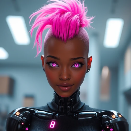 (masterpiece), best quality, expressive eyes, perfect face, wholesome, realistic style, pink eyes, pink mohawk, dark brown skinned, 19-year-old humanoid female Black Hispanic cyborg with a robotic body, black robotic limbs, dark brown skin, bashful smile, In an empty 2200s lab, crying and looking very sad before shouting and destroying the lab through kinetic force