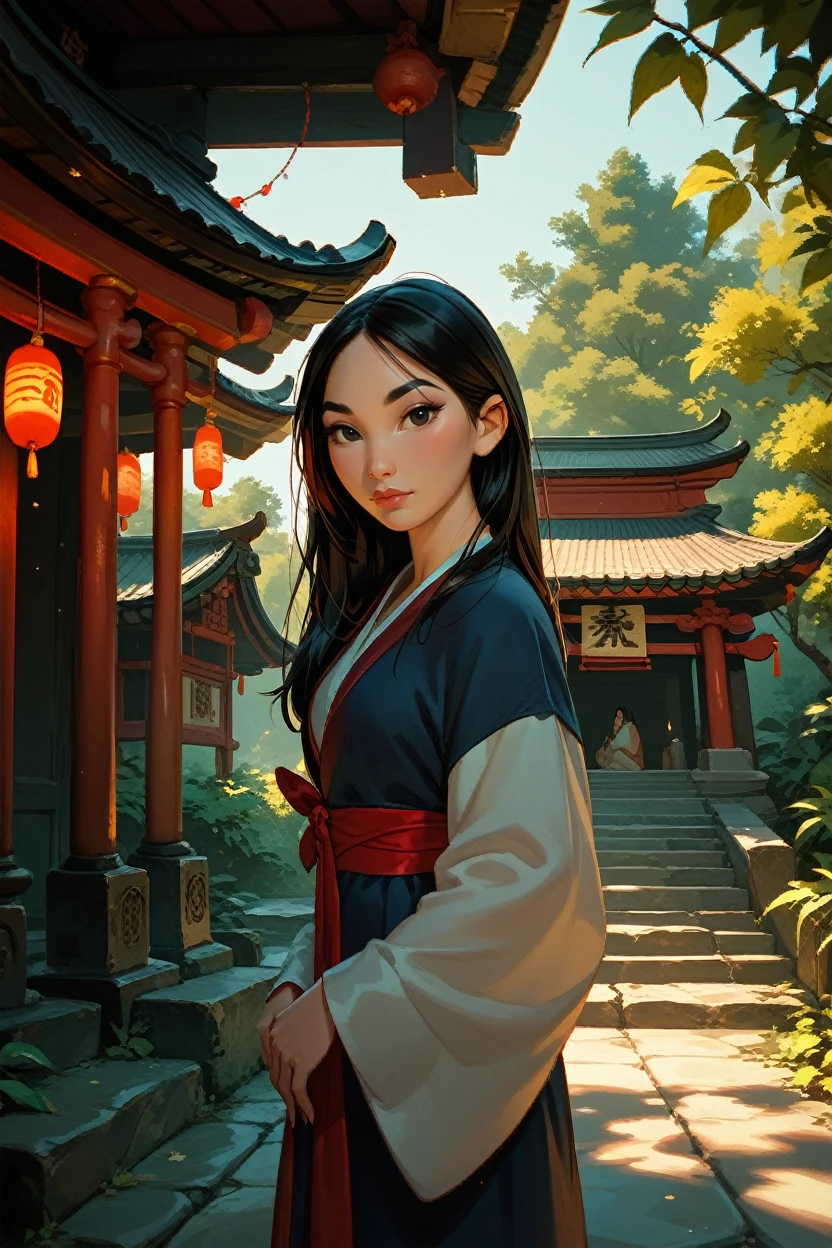 score_9, score_8_up, score_7_up, score_6_up
<lora:DisneyMulan:0.8>
DisneyMulan, 1girl, black hair, black eyes, long hair, looking at viewer, stands in a dimly lit, sacred shrine