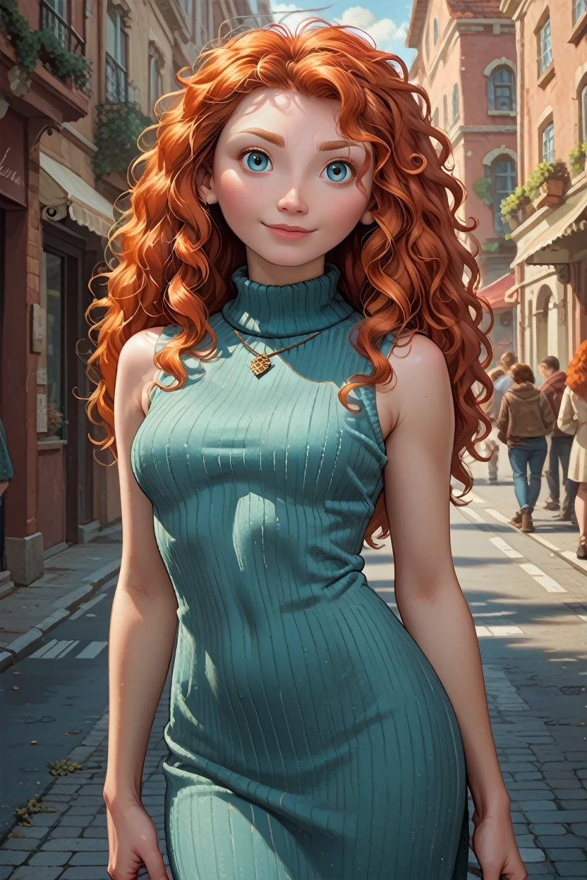 score_9, score_8_up, score_7_up, score_6_up
<lora:DisneyMerida:0.8>
DisneyMerida, 1girl, red hair, long hair, looking at viewer, street, standing, cowboy shot, bare arms, turtleneck, ribbed sweater, sweater dress, sleeveless, smile