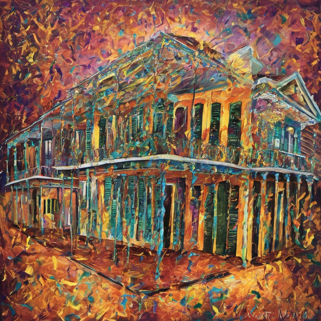 abstract painting, traditional media, shotgun house, Mardi Gras, French quarter, New Orleans,   <lora:New_Orleans:1> 05b0rn3