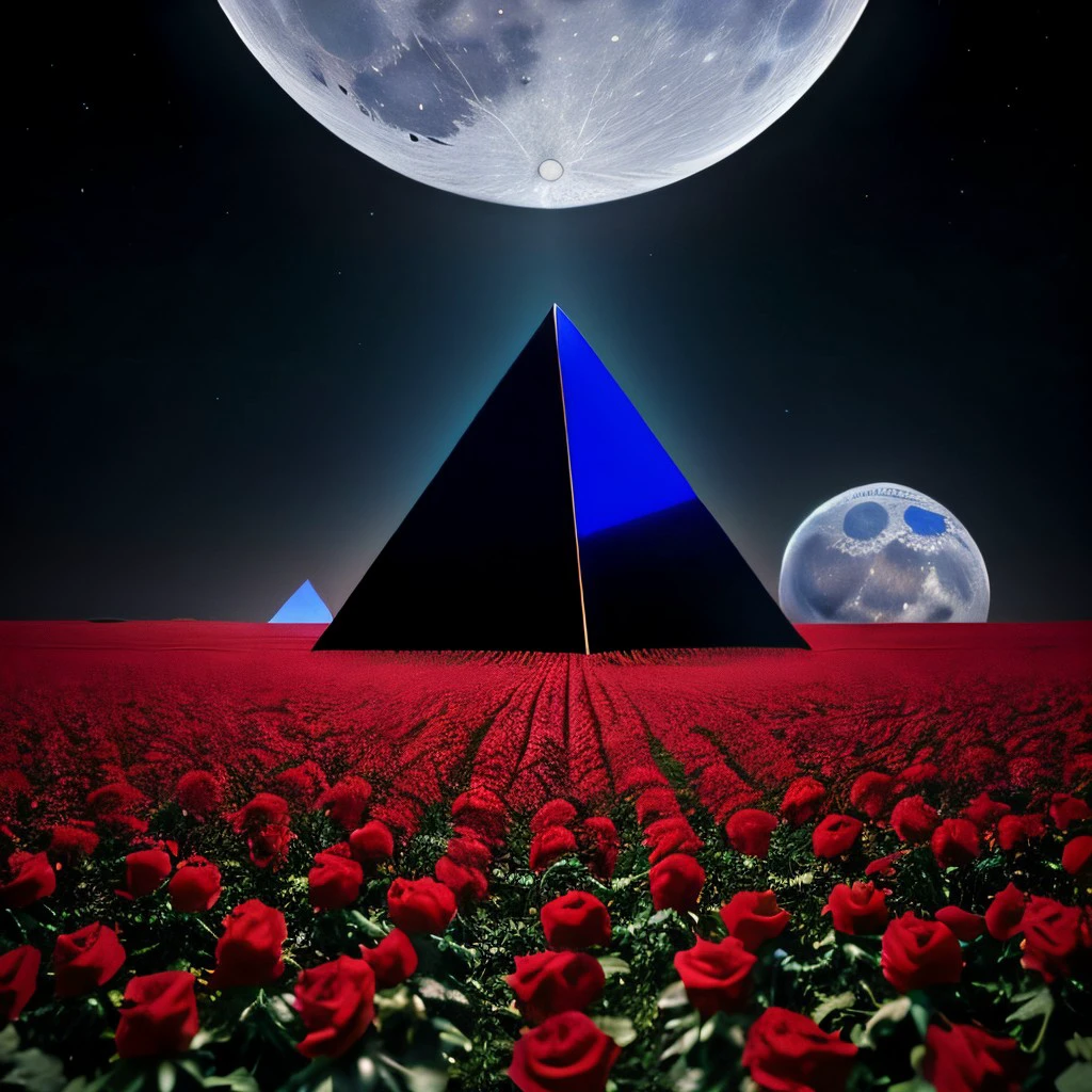 masterpiece, intricate photo, field of blue roses, gloomy red alien pyramid with shiny sleek sides on the moon surface, background full planet earth, fantasy, sci-fi, hyper realistic, highly detailed, sharp focus, high resolution, best quality, colorful, cozy outdoor lighting, 8K blackpyramid, <lora:BlackPyramid:1>