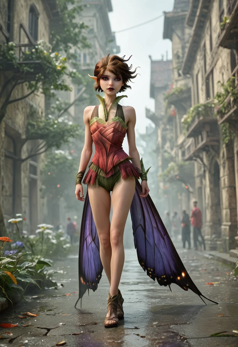 score_9, score_8_up, score_7_up,score_6_up,BREAK
1girl,<lora:Marianne:1> marianne, brown hair, brown eyes, fairy, pixie, short hair, pointy ears,  leaf armor, eyeliner,  , hair ornament, dark lipstick, butterfly wings, purple wings, 
solo,thin body,, standing on her from, full body view, in city, petite body, skinny , , bellybutton ,(arched back), random pose, random_pose
, Expressiveh, concept art,, best quality,(hyperrealistic art:1.2) ,  
BREAK
extremely high-resolution details, photographic, (realism pushed to extreme:1.2), fine texture, (incredibly lifelike:1.2), (3d:1.2),  zPDXL3 <lora:Eyes_High_Definition:0.25> eyeshd
 <lora:Expressive_H:1> expressiveh