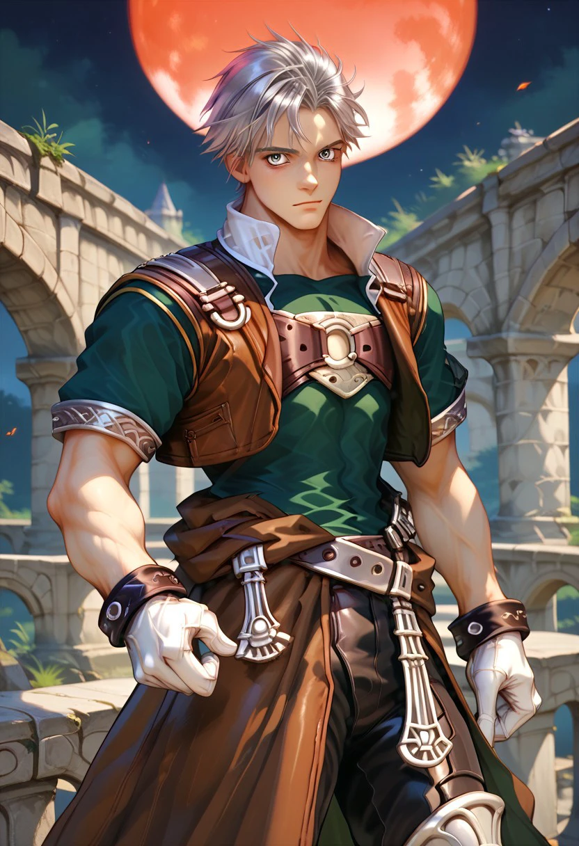 score_9, score_8_up, score_7_up, male focus, toned male, natgra2, gray eyes, short hair, silver hair, steel greaves, plated footwear, brown skirt, black pants, green shirt, brown leather vest, silver belts, white gloves, silver chest plate, glowing red moon, night, stone bridge,