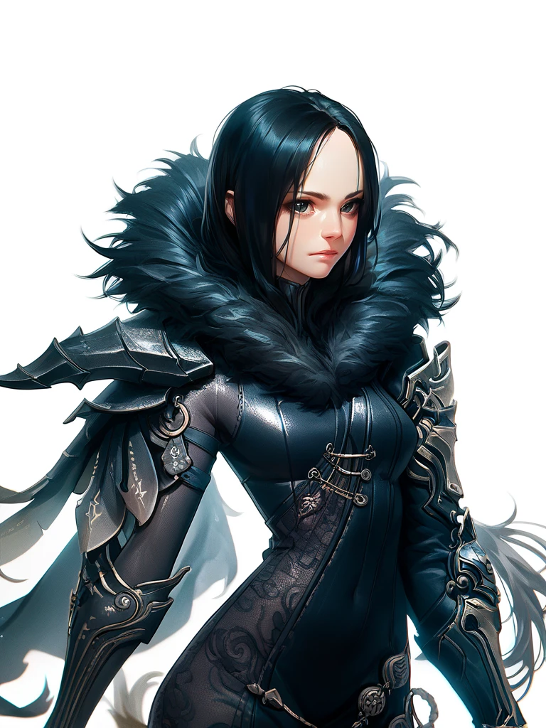 <lora:BnS_Jinsoyun-PONY:0.8> 1girl, solo, bnsjinsoyun, black hair, black eyes, bodysuit, shoulder armor, cape, waist chain, fur-trimmed collar, lace-trim, cowboy shot, white background, score_8_up, score_7_up, score_6_up, score_5_up