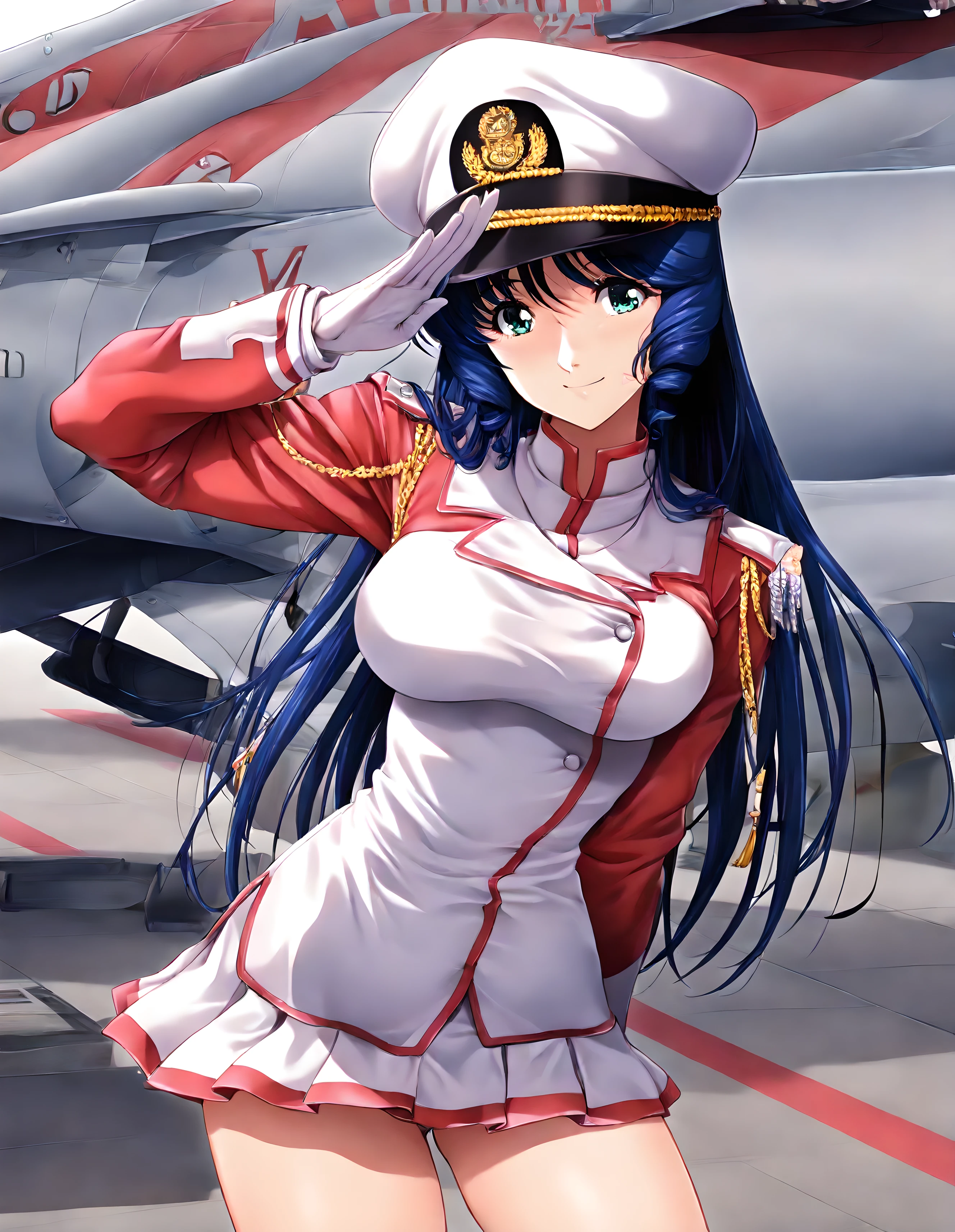 <lora:illustrious_XL_minmei>,minmei,masterpiece,best quality,good quality,newest,huge filesize,1girl,solo,peaked cap,military uniform,microskirt,airfield,standing,ç¶ºéºãªå§¿å¢,salute,arm_behind_back,cowboy_shot,looking_at_viewer,smile,