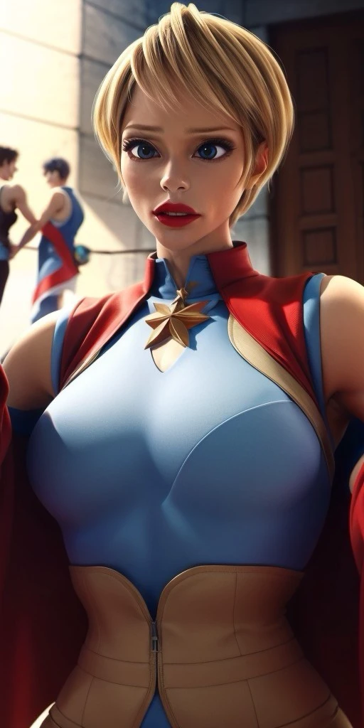 Hyperrealistic, photorealistic, super detailed, expressive blue eyes, (red sleeveless vest with collar), (three gold stars and two jagged gold lines on the front on collar), (blue suit under sleeveless vest), (red long cloak), bluish-black eyeshadow, short blonde hair styled into a pixie cut, red lipstick, body like in real life, large pores, fair skin, tall, beautiful arms, medium breasts, unreal engine, octane render, droped shadow, bokeh, cinematic lighting, <lora:add_detail:0.5>, <lora:Volumetric_lighting:0.6>, Olympia Hill, Majestia, , <lora:ef3c87e9-93c9-4668-9f53-9504c7787c8a:0.7>