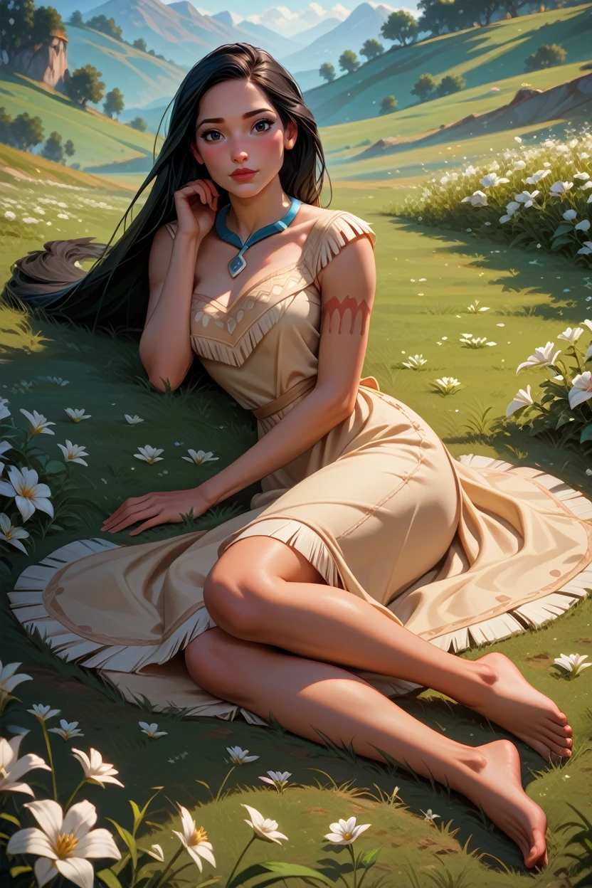 score_9, score_8_up, score_7_up,
<lora:DisneyPocahontas:0.8>
DisneyPocahontas, 1girl, black hair, black eyes, long hair, dark skin, looking at viewer, lying down in a field of white flowers, dress, barefoot, looking at viewer, blushing