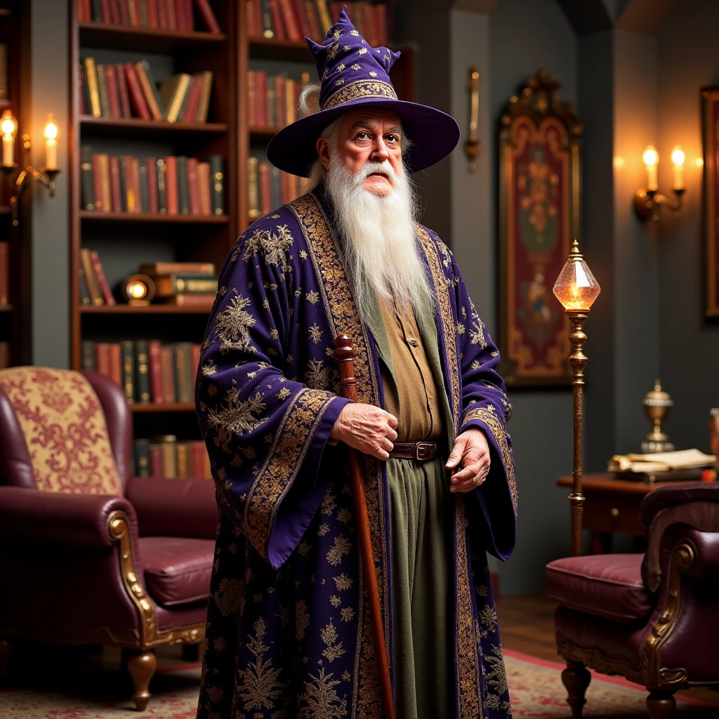 "Imagine a tall, thin wizard with an air of dignified eccentricity, dressed in a long, elaborately embroidered robe and a slightly askew wizard hat. His expression is one of stern exasperation, as if he’s constantly frustrated by the incompetence around him. He stands rigidly, holding a staff with a faintly glowing crystal at the top, giving the impression he’d rather be managing things himself. He is positioned in a grand, candlelit hall with towering shelves of ancient books and dusty scrolls, surrounded by dark wood furniture and tapestries, which emphasize his austere, authoritative presence."