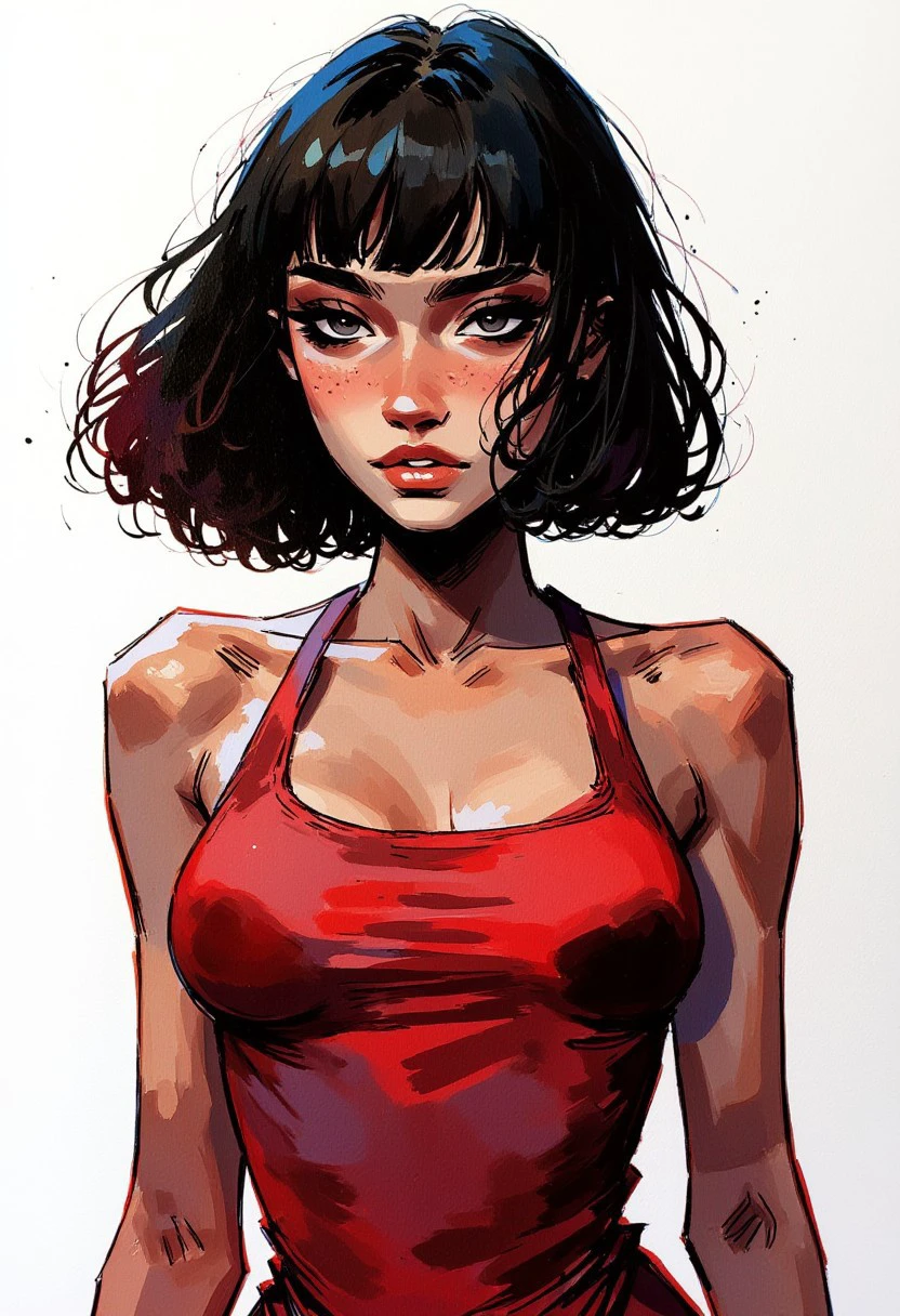 Blend of comic book art and lineart in full natural colors of emo woman, short cut, loose curly hair, swedish, dark eye shadow make-up, dark, atmospheric, and unconventional, characterized by bold brushwork, moody colors, distorted figure