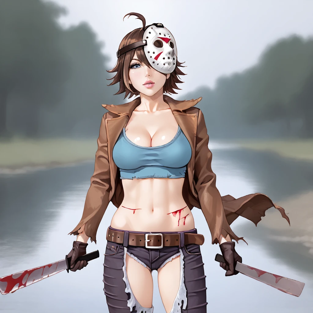 <lora:bishoujojason_pony_v1:1> BishoujoJason, 1girl, large breasts, mask, gloves, belt, brown hair, jacket, midriff, blood, cleavage, short hair, chaps, blue eyes, navel, torn pants, lips,  denim, crop top, cowboy shot