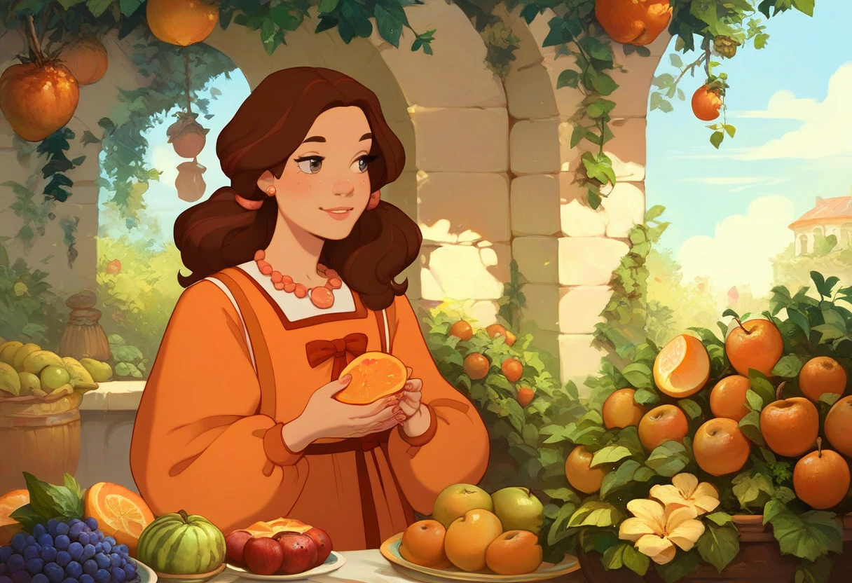 score_9, score_8_up, score_8, score_7_up, solo, 1girl, brown hair, dress, facial hair, food, fruit,
<lora:melnitsa_style:0.8>