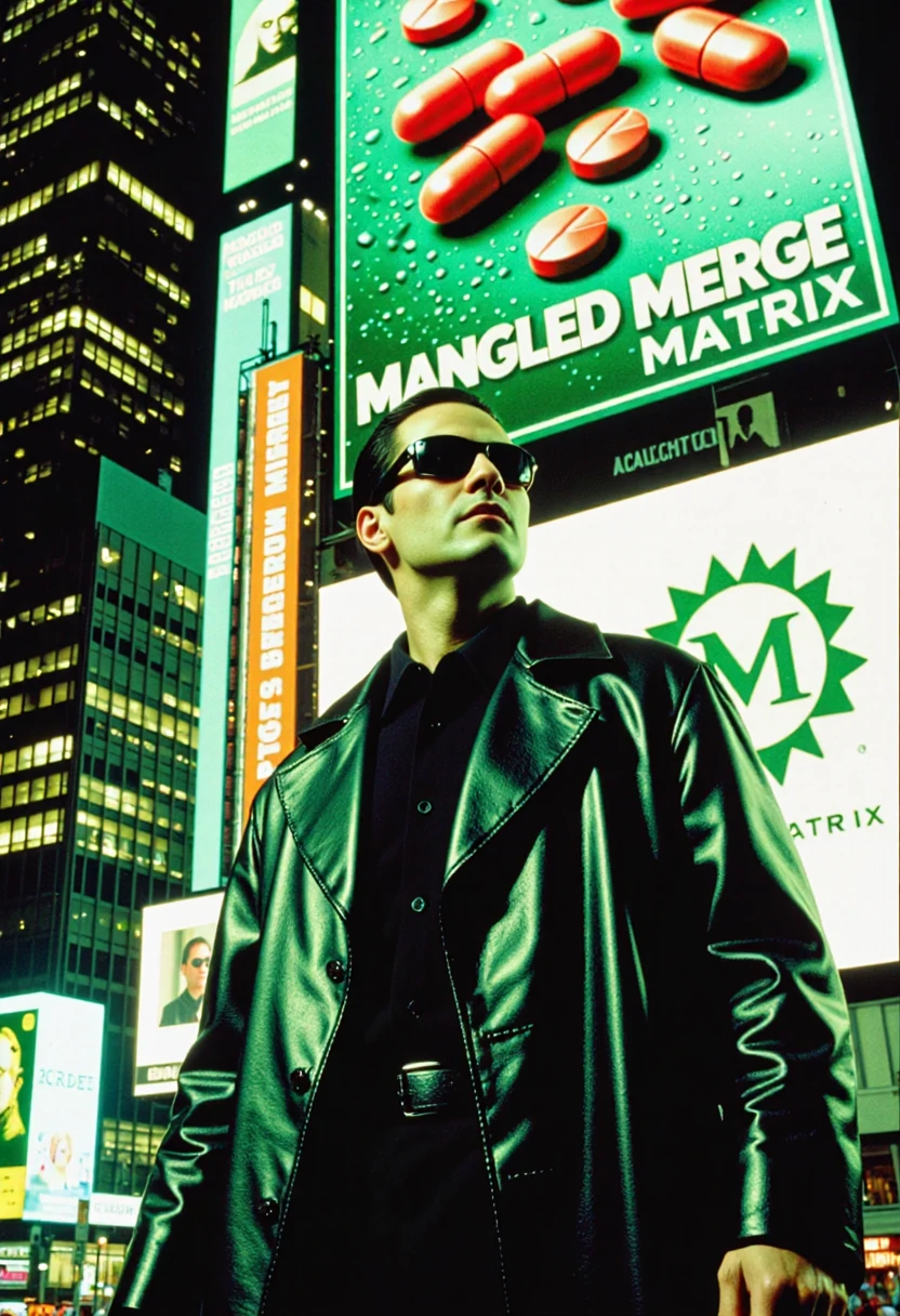 a green hued film still from The Matrix of a man in a black leather trenchcoat and sunglasses in 1990's Times Square looking up at a large billboard on a skyscraper that has an ad for red pills with a well-designed logo that says "Mangled Merge Matrix", green undertones