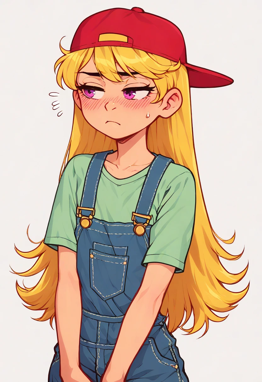 embedding:zPDXL3, rating_safe, source_cartoon, score_9, score_8_up, score_7_up,
simple background, white background, solo, cowboy shot, 1girl, v arms, looking to the side, half-closed eyes, embarrassed, blush, sweatdrop, pout,
1o1a, blonde hair, red headwear, backwards hat, pink eyes, green shirt, overalls