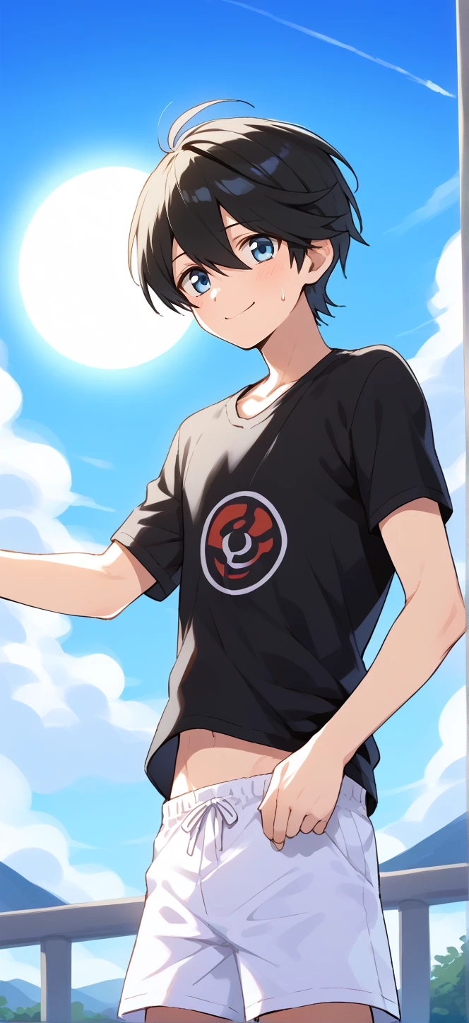 1boy,solo,male focus,black t-shirt,white shorts,sweatdrop,sun,midriff,horikawa_kunihiro,horikawa kunihiro,black hair,blue eyes,smile