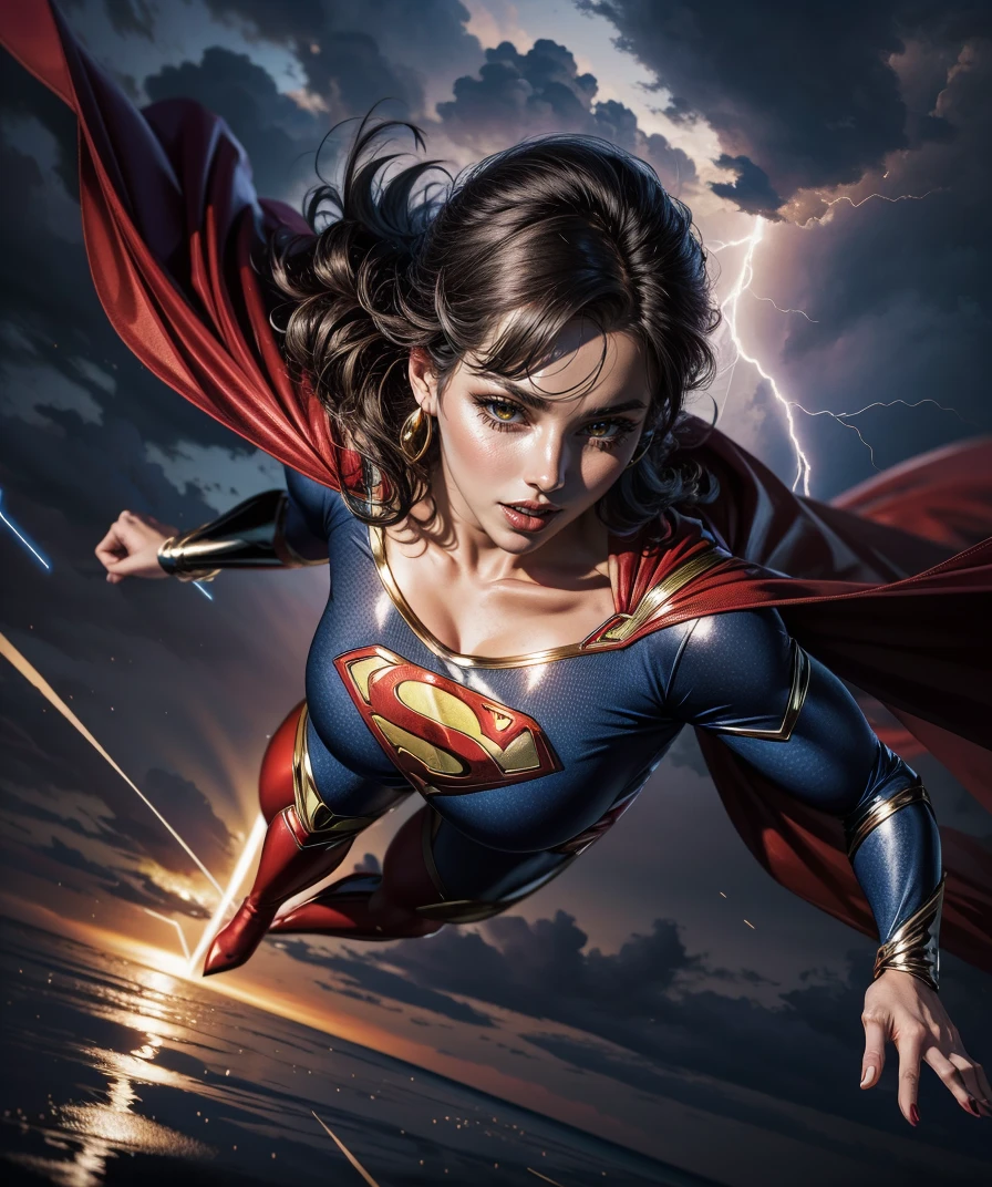 ((mature lady in Superman costume flying in sky, superman logo)), short black hair, flying:1.3, red cape, glowing red eyes, storm, dark clouds, lightning, night, lightning, rain, particles, in the sky, large breasts, <lora:add_detail:0.4>,  <lora:LowRA:0.4>,