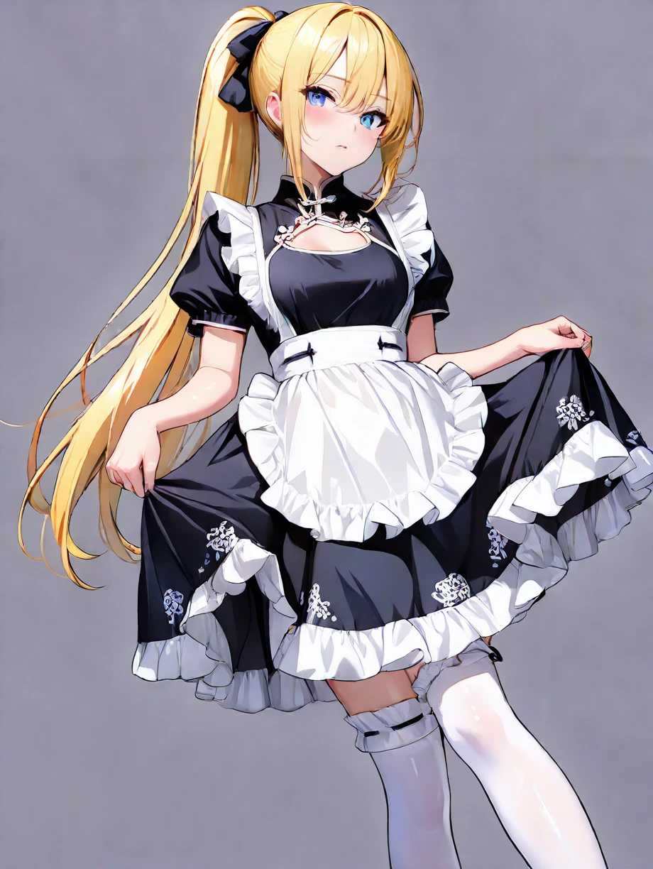 masterpiece,ultra-detailed,best quality,8K,illustration,cute face,clean skin ,shiny hair,1girl,ultra-detailed-eyes,simple background,dynamic angle,ponytail,blue eyes,yellow hair,long hair. <lora:china maid_illustrious_V1.0:1> jyojifuku, china maid,maid,apron, frills,thighhighs