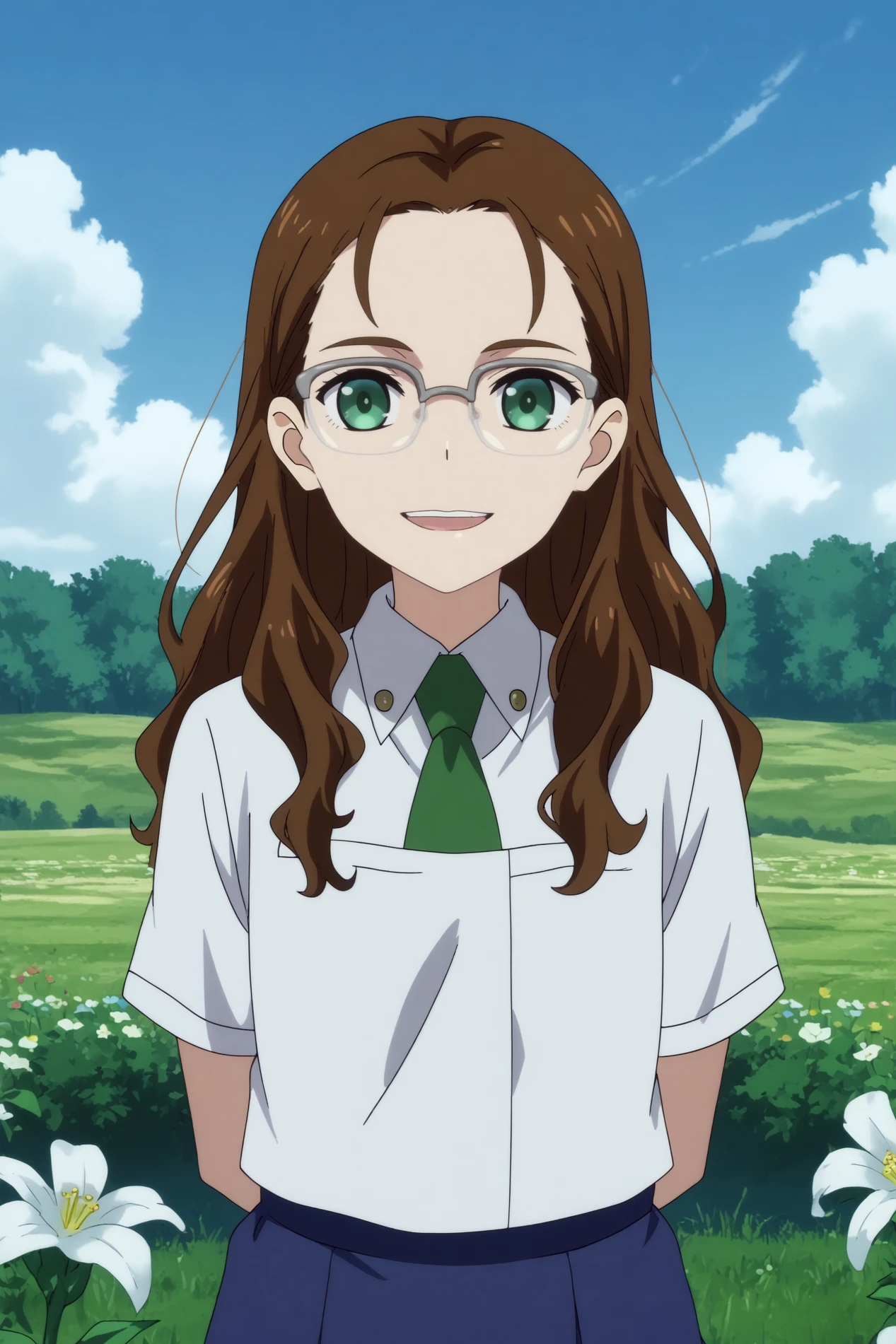  nagase koito,1girl,solo,glasses,school uniform,necktie,long hair,over-rim eyewear,shirt,smile,green necktie, short sleeves,hands behind the back,upper teeth only,looking at viewer,cowboy_shot BREAK outdoors,blue sky,field,cloud,white flower    <lora:Nagase_Koito_-_Wonder_Egg_Priority.safetensors:0.8> <lora:detailed_backgrounds_v2.safetensors:0.5>