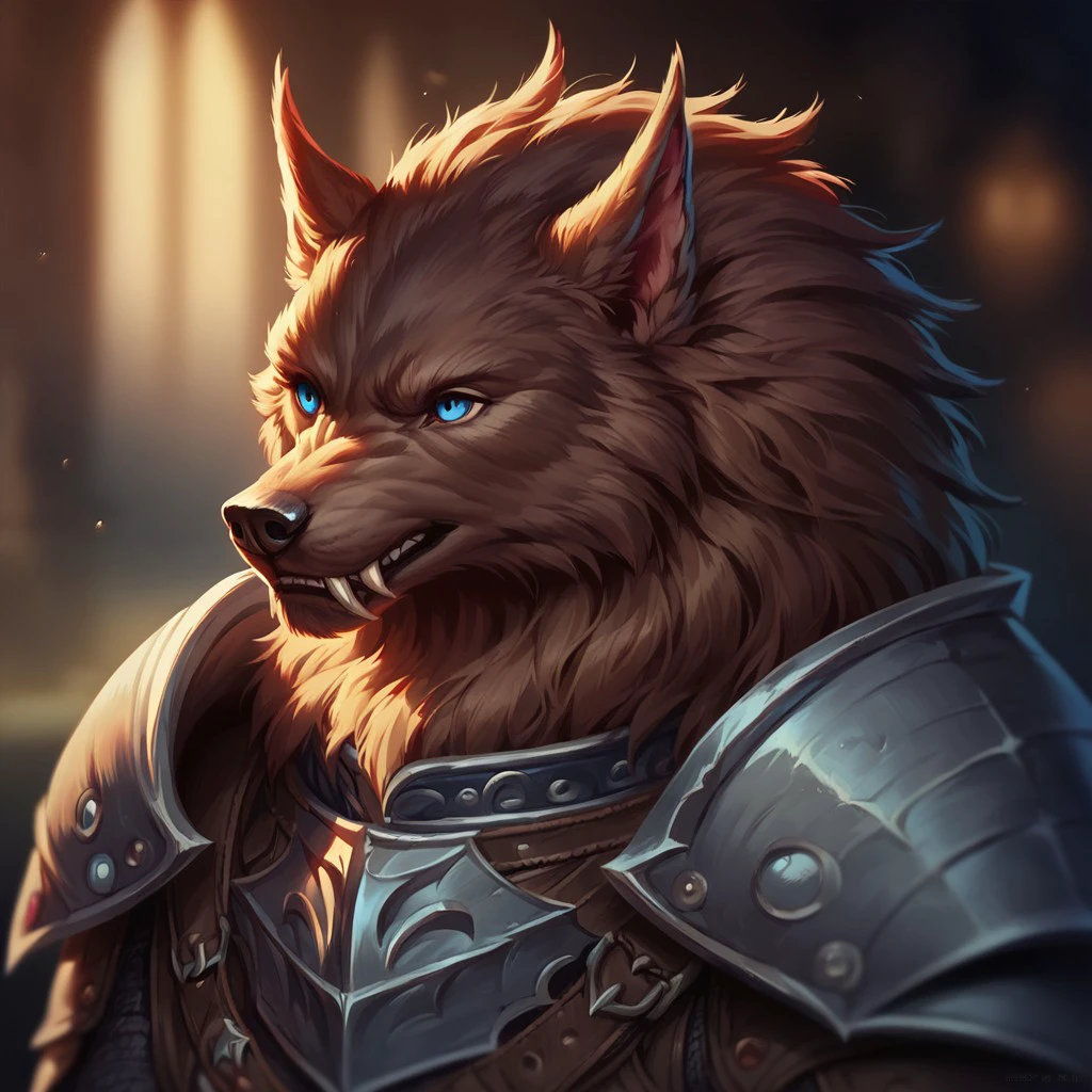 (((detailed, beautiful, high quality))), score_9, score_8_up, score_7_up, upper body, 
werewolf, furry wolf, fangs, tail,
1 male, brown fur, blue eyes, armor,
blurred background, fantasy background, rustic background, dark background,