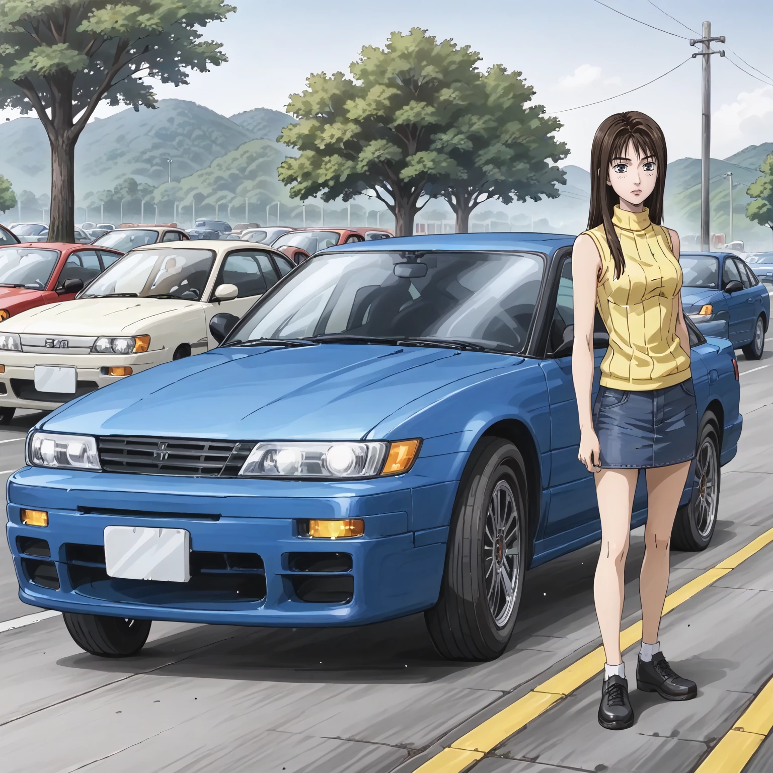 <lora:ID_MakoAndSayukiXLpony002>,
outdoors,
solo,
MakoSato,1girl,black brown hair,long hair,black eyes,
turtleneck,yellow sweater,sleeveless,
denim_skirt,
full body,standing,
SR20DET,blue_sports_car,